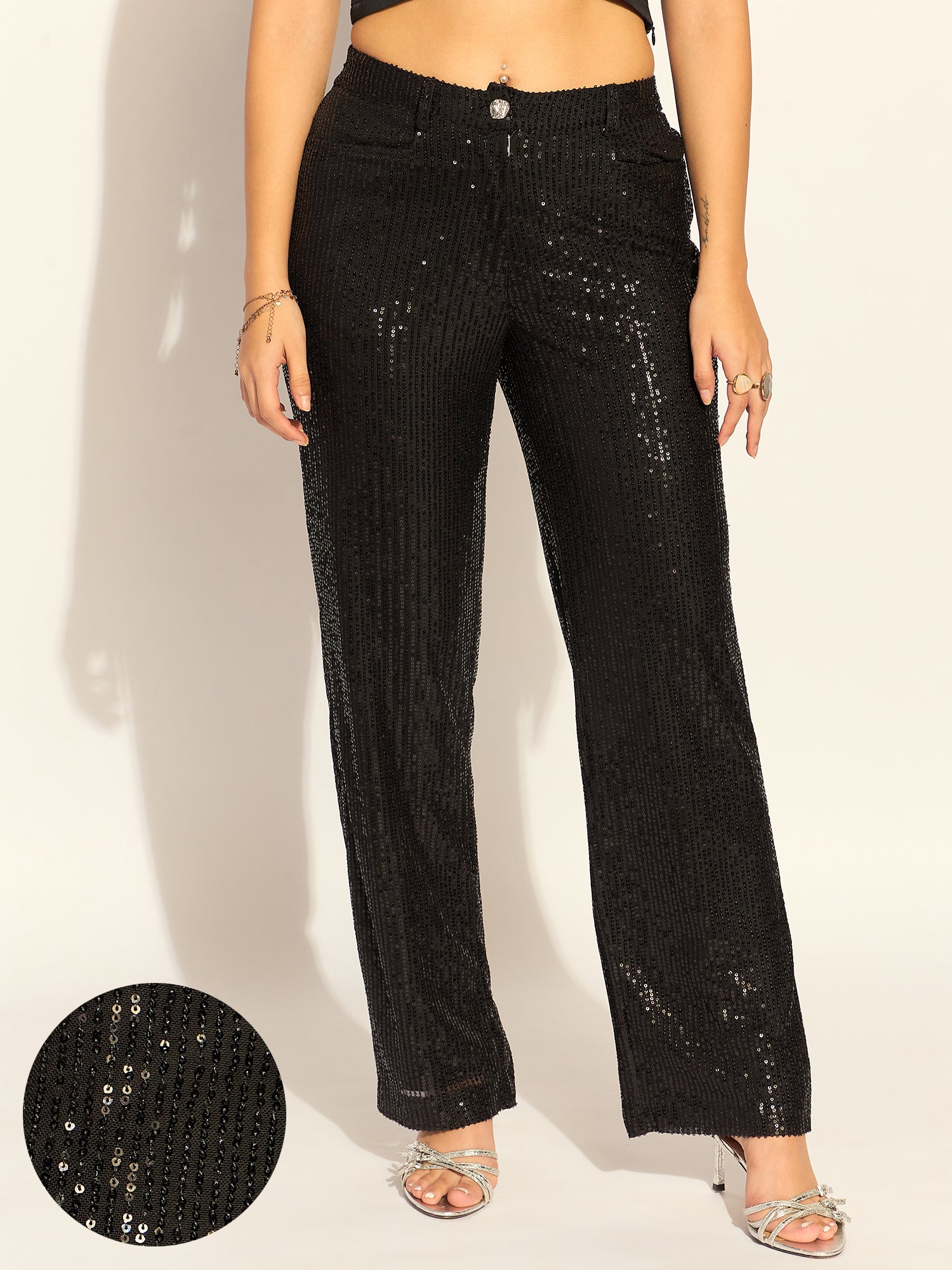 Black Sequined Mid Waist Stretch Pants for Women - Elegant Party Wear & Evening Outfits