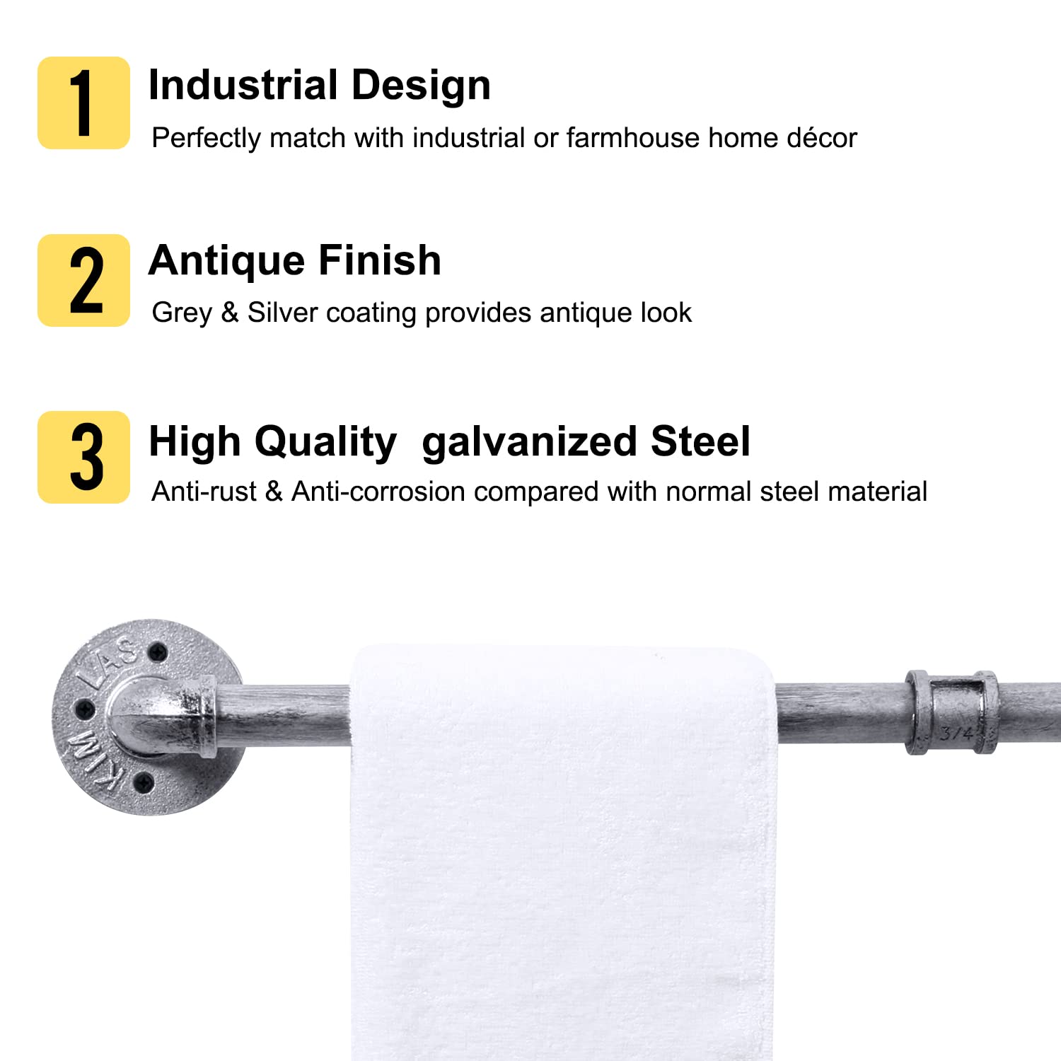 HouseAid 24 Inch Industrial Pipe Towel Bar - Vintage Farmhouse Iron Hand Towel Holder - Antique Silver Wall Mounted Bathroom Towel Rod with Hooks - Perfect for Rustic, Farmhouse & Industrial Style Bathrooms