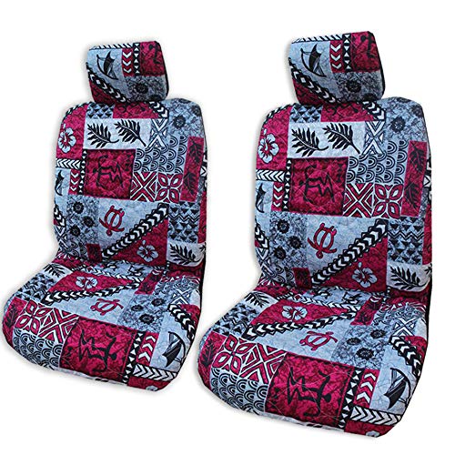 Premium 2-Piece Hawaiian Car Seat Covers with Headrest Covers - Tapa Red & Gray Custom Design, Double Armrest Protection - Perfect for Beach Trips, Summer Road Travel & Tropical Style Vehicle Interior Upgrade