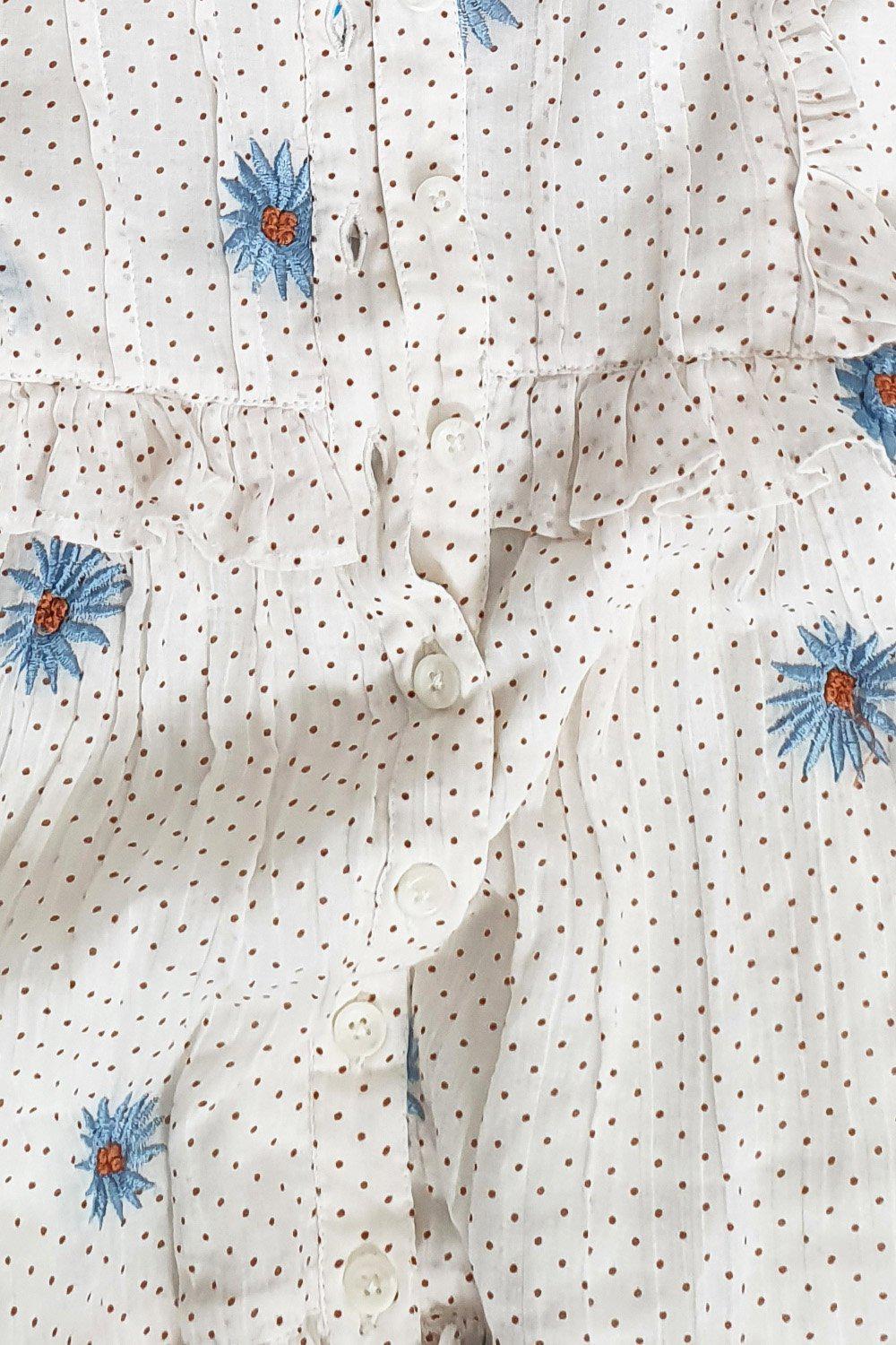 FREE PEOPLE White Polka Dot Floral Boho Daisy Chain Midi Dress for Women - XS Size, Perfect for Summer Beach Vacations, Music Festivals & Boho Chic Outfits