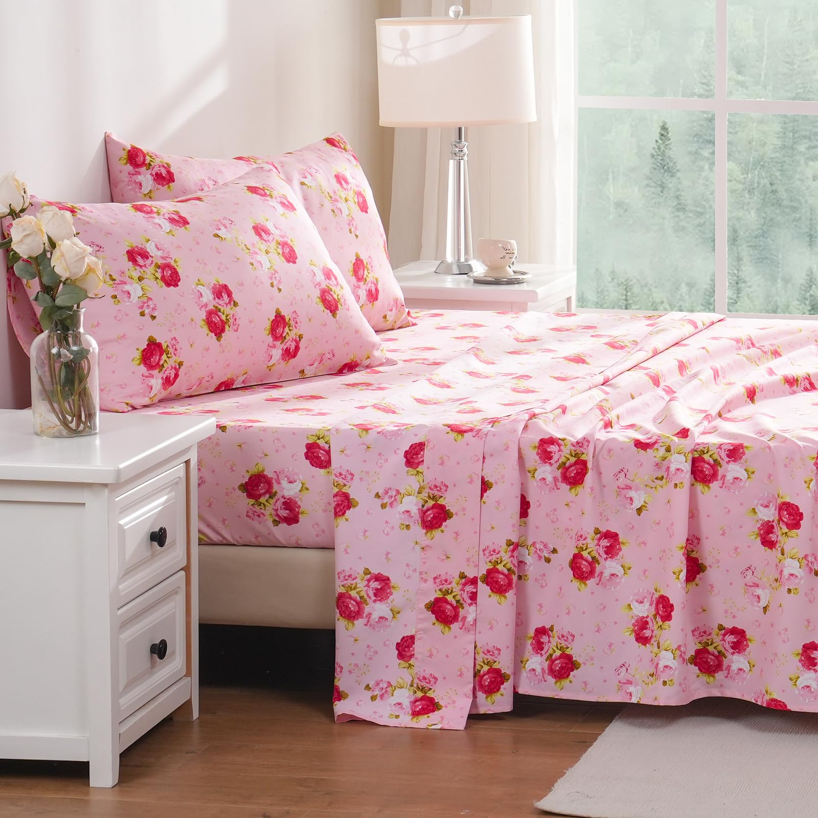 Bedlifes Queen Sheet Set - Ultra Soft & Breathable 100% Microfiber Bedding, 4-Piece Silky Floral Design with Deep Pockets (Queen Size, Pink/Red Rose) - Perfect for Master Bedrooms, Guest Rooms & Cozy Sleep