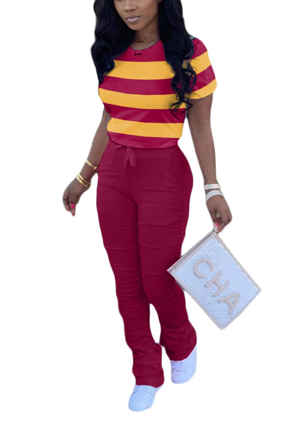 Women's 2 Piece Outfits - Striped Colorblock T-Shirt & Ruffled Joggers Biker Tracksuit Set | Casual Streetwear for Women | Perfect for Gym, Running, Travel & Lounge Wear