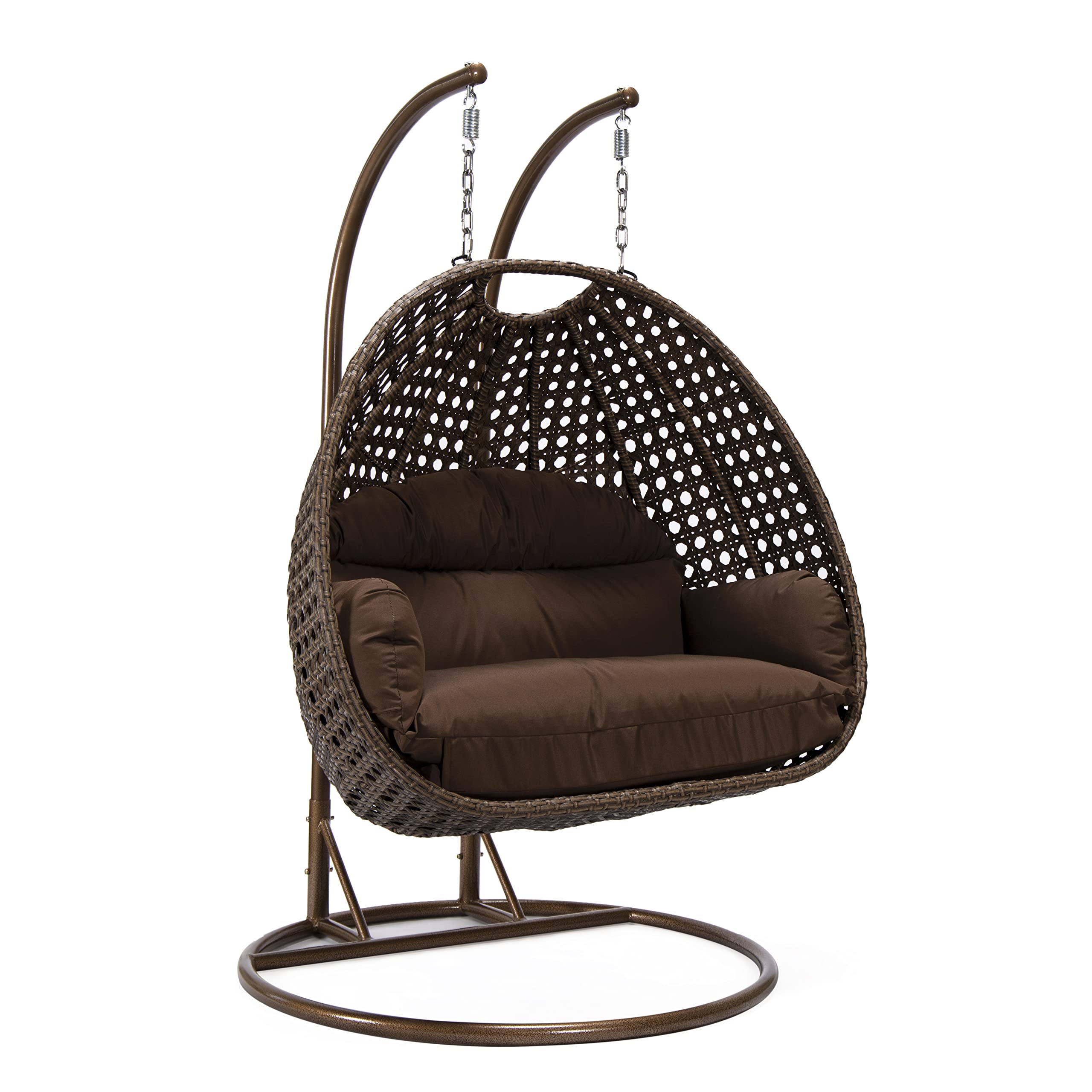 LeisureMod Mendoza Dark Brown Wicker 2-Person Patio Hanging Egg Swing Chair with Stand & Cushions - Indoor/Outdoor Use for Garden, Porch, Backyard, and Balcony (Brown)
