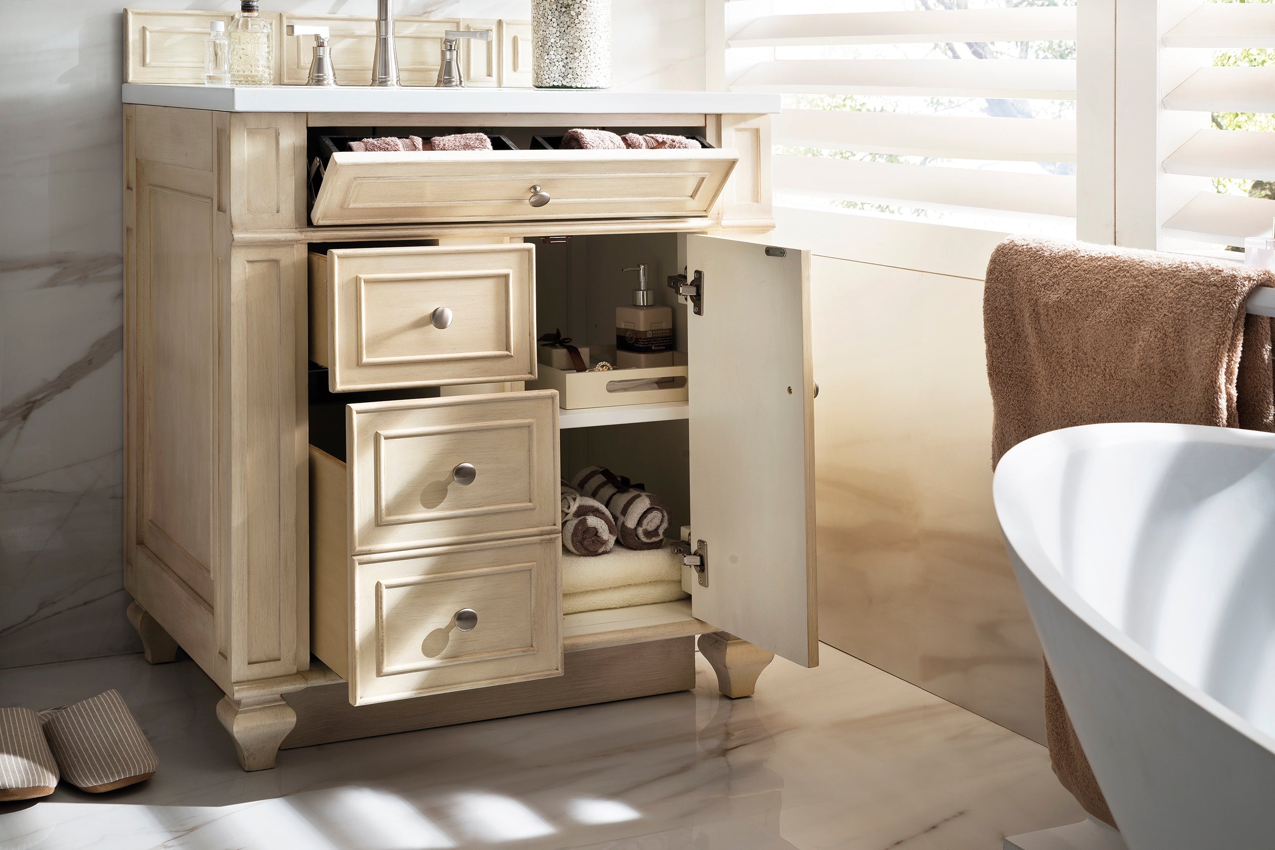 Bristol 30-Inch Single Bathroom Vanity Set with 3CM Classic White Quartz Countertop - Vintage Vanilla Finish for Modern & Traditional Bathrooms