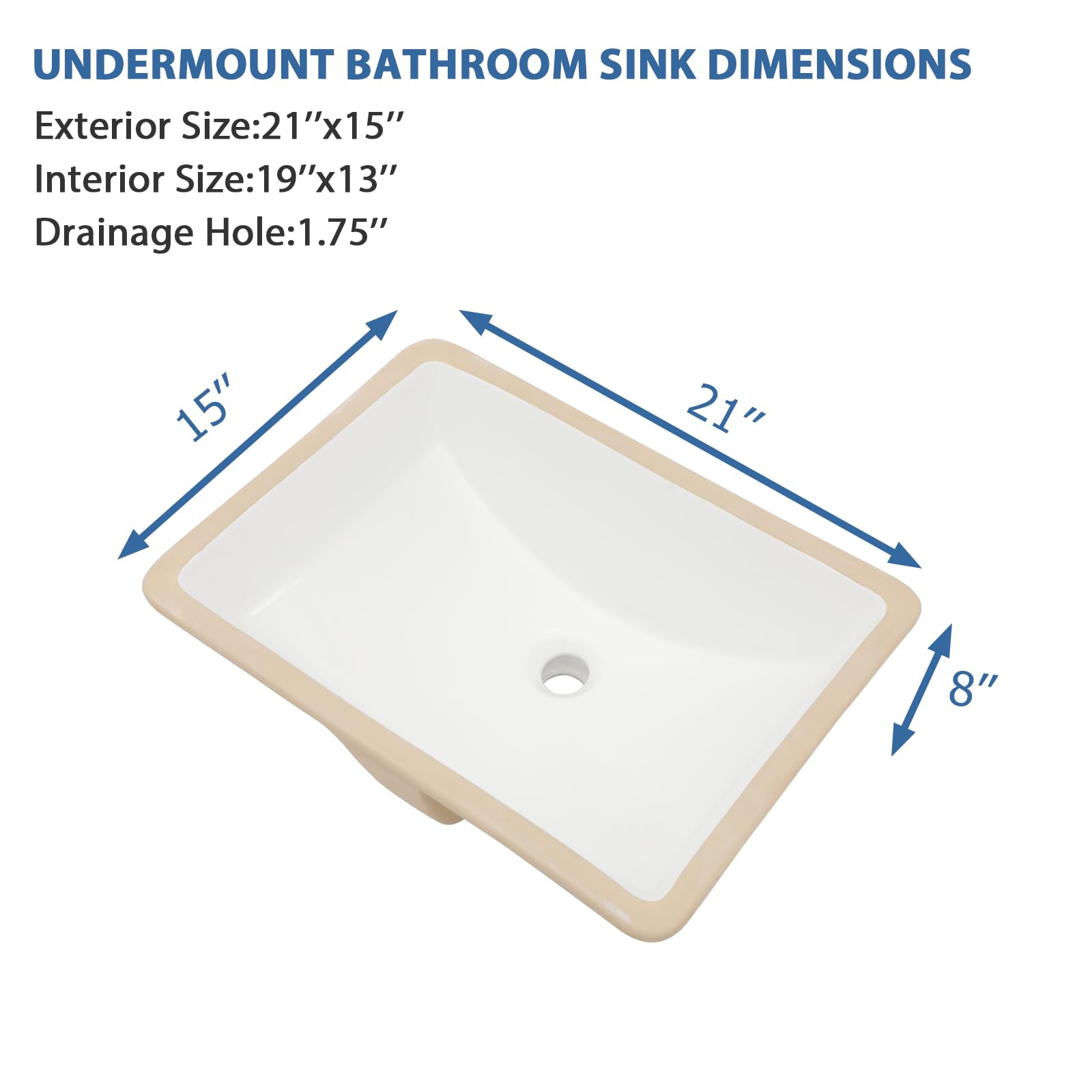 21 x 15 Inch Undermount White Ceramic Rectangular Bathroom Sink with Overflow - Modern Vessel Vanity Basin for Contemporary Bathrooms & Powder Rooms