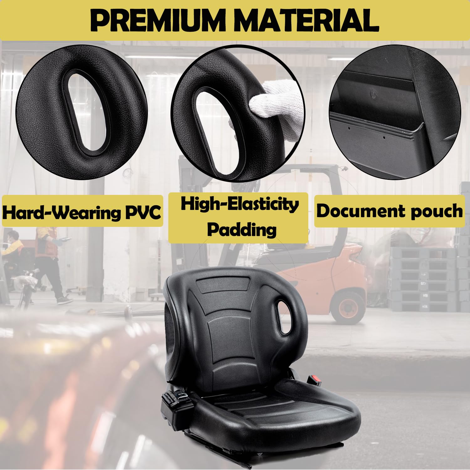 Universal Forklift Seat with Switch & Retractable Safety Belt - Compatible with Toyota Forklift, Tractor, Skid Loader, Excavator, Dozer, Backhoe, Telehandler, UTV, ATV - Heavy Duty Replacement Seat for Construction & Industrial Equipment
