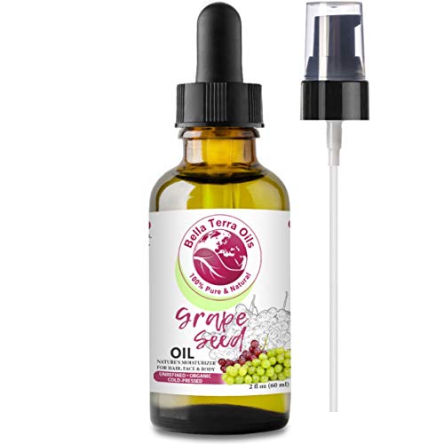 Bella Terra Oils 100% Pure Organic Cold-Pressed Unrefined Grape Seed Oil - 2Oz | Hexane-Free, Rich in Vitamins | Natural Moisturizer for Skin, Hair & Nails | Rejuvenates & Softens | Perfect for DIY Beauty, Massage & Cooking