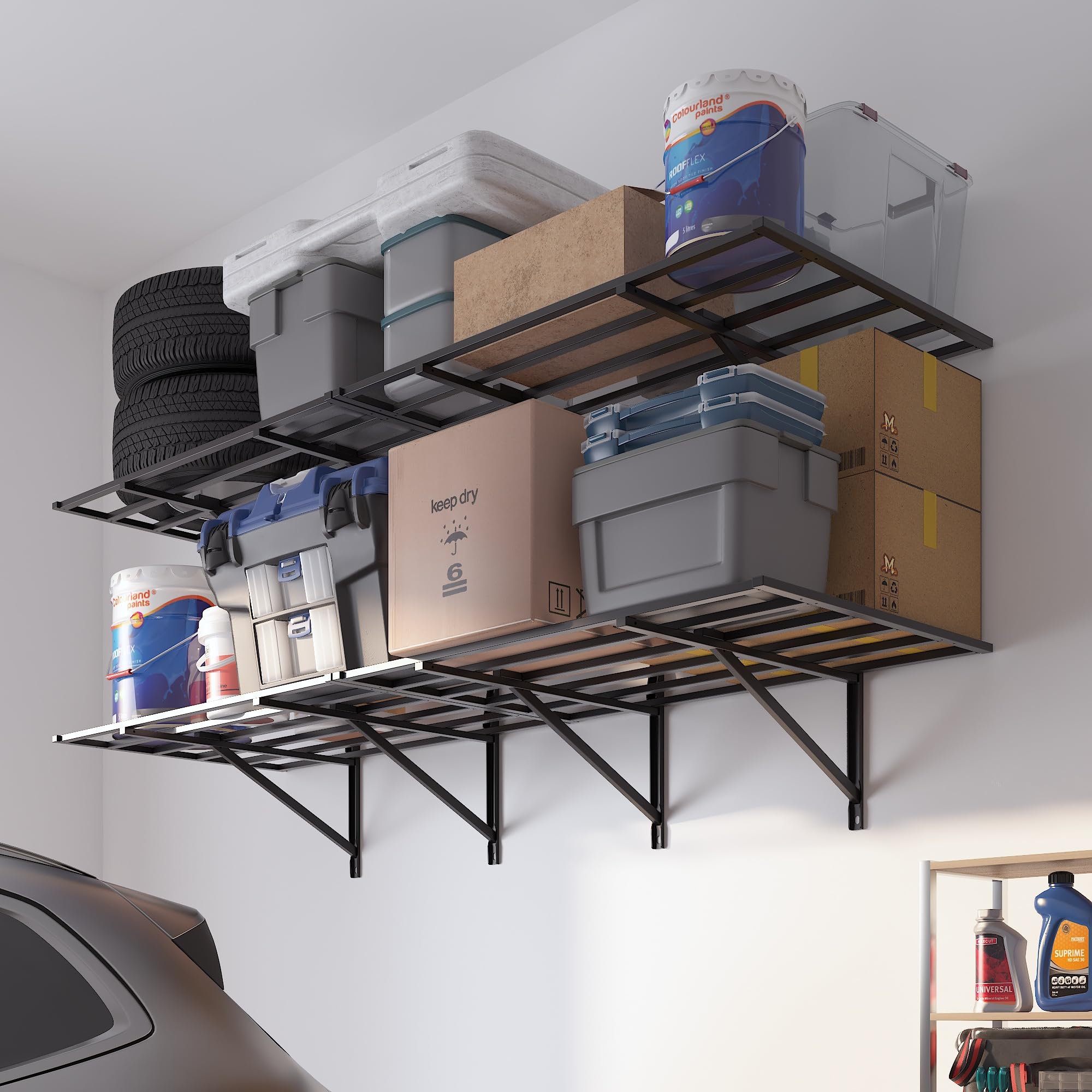 Heavy Duty Garage Storage Shelving 2x6ft - 1600lbs Weight Capacity - Wall Mounted Organization System - 2 Pack Floating Shelves (24x75 Inch) - Perfect for Garage, Basement & Workshop Storage