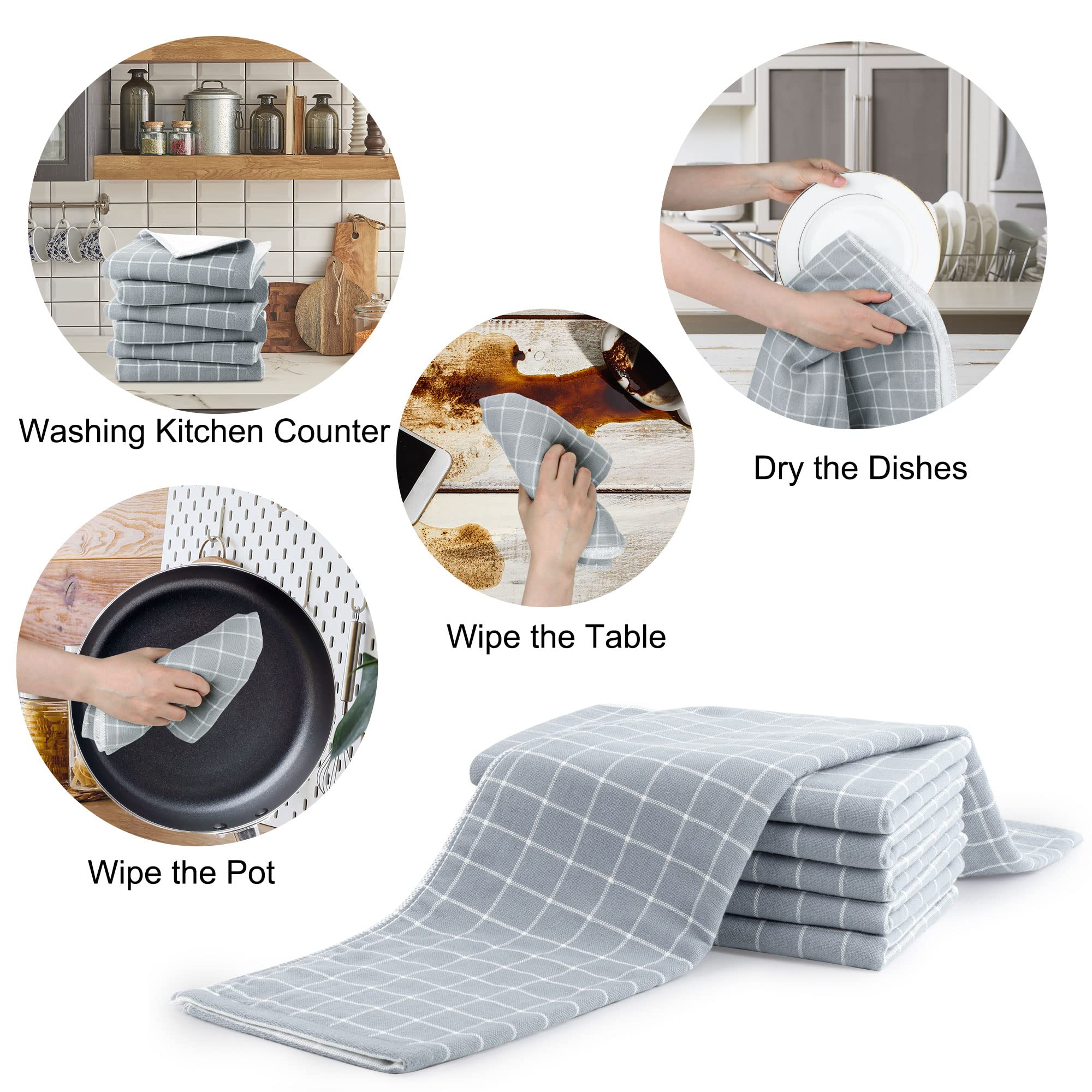 PiccoCasa 6-Pack 100% Cotton Terry Kitchen Towels | Super Absorbent Dish Towels (13x29 Inch) | Soft Plaid Pattern for Drying Dishes & Cleaning | Perfect for Cooking, Baking & Everyday Kitchen Use - Gray
