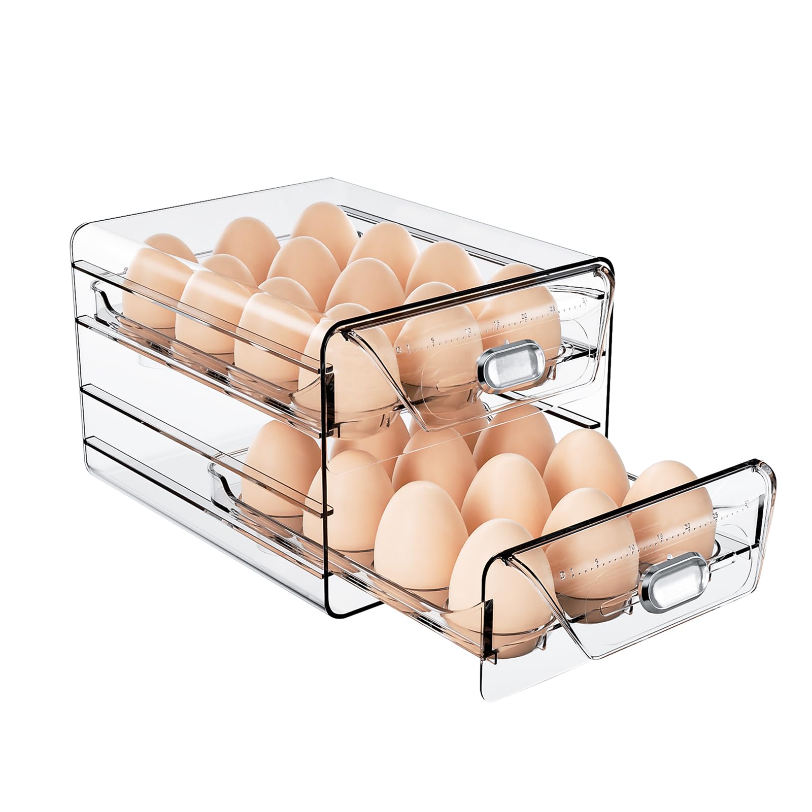 Clear 24 Egg Holder for Refrigerator - High Capacity Stackable Egg Organizer with Time Scale & Drawers (2 Layer, 7.9