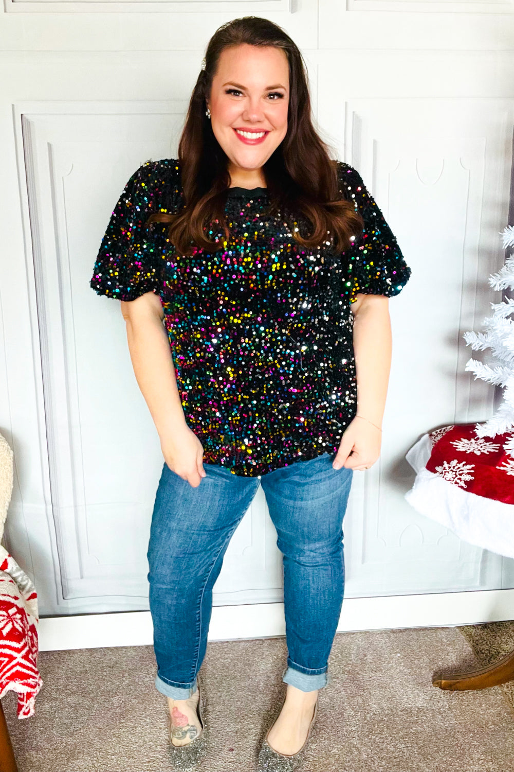 Black Velvet Multicolor Sequin Puff Sleeve Top for Women | Holiday Party & Christmas Outfit | Perfect for Festive Gatherings, NYE Celebrations & Special Occasions