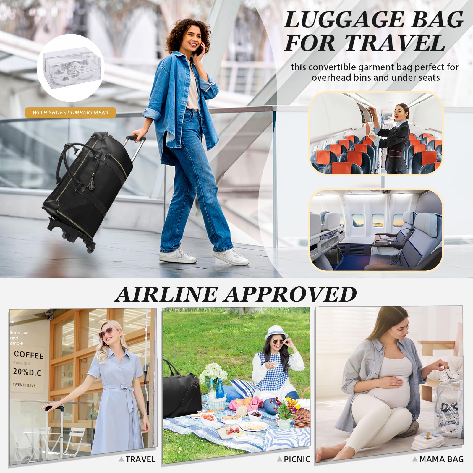 Rolling Garment Bag for Travel - Large Convertible Wheeled Duffel Carry On Luggage with Wheels, Weekender Bag for Women & Men (Black) - Perfect for Business Trips, Vacations & Airplane Travel