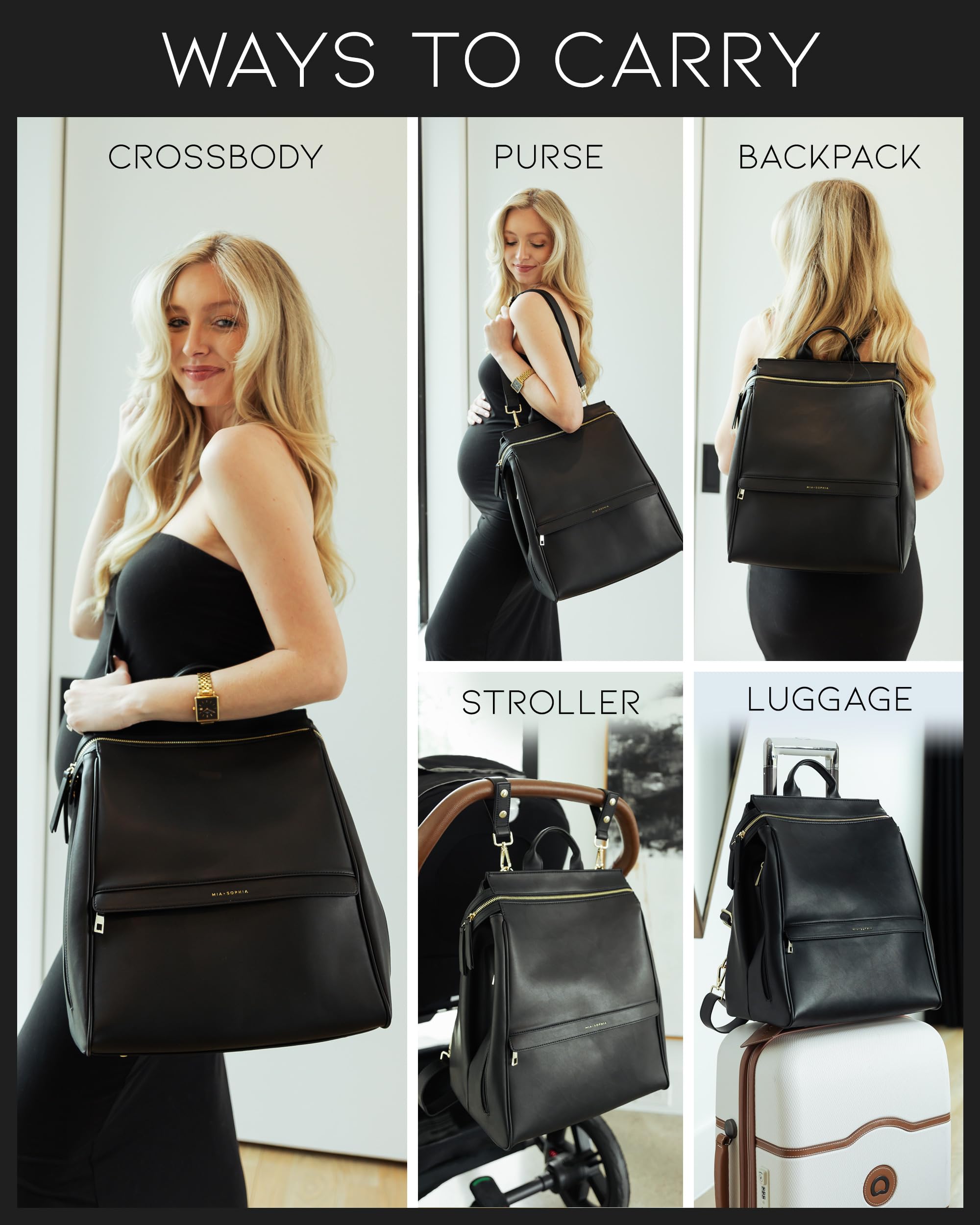 Premium Leather Diaper Bag Backpack with USB Charging Port, Insulated Bottle Holder, Stroller Straps & Waterproof Changing Pad - Stylish Black Sophia for Moms - Perfect for Baby Essentials, Travel, Park Outings & Daily Parenting