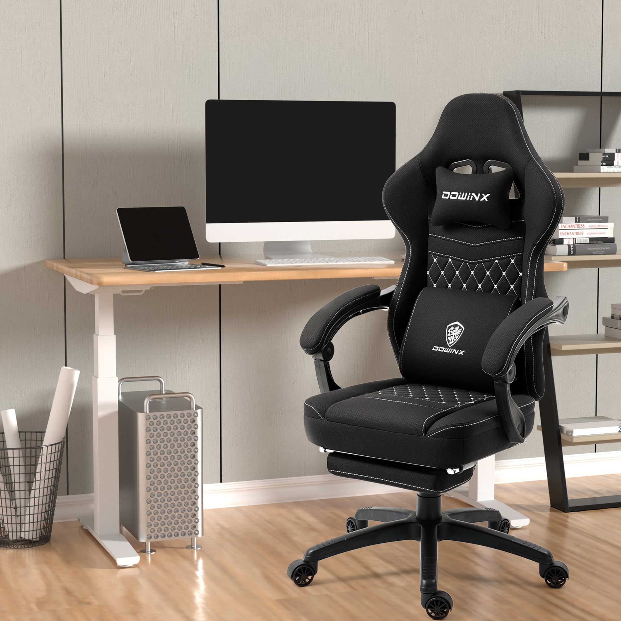 Dowinx Ergonomic Gaming Chair with Breathable Fabric & Pocket Spring Cushion - Comfortable Office Chair with Gel Seat Pad, Massage Function & Footrest - Perfect for PC Gaming, Home Office & Streaming Setup (Black)