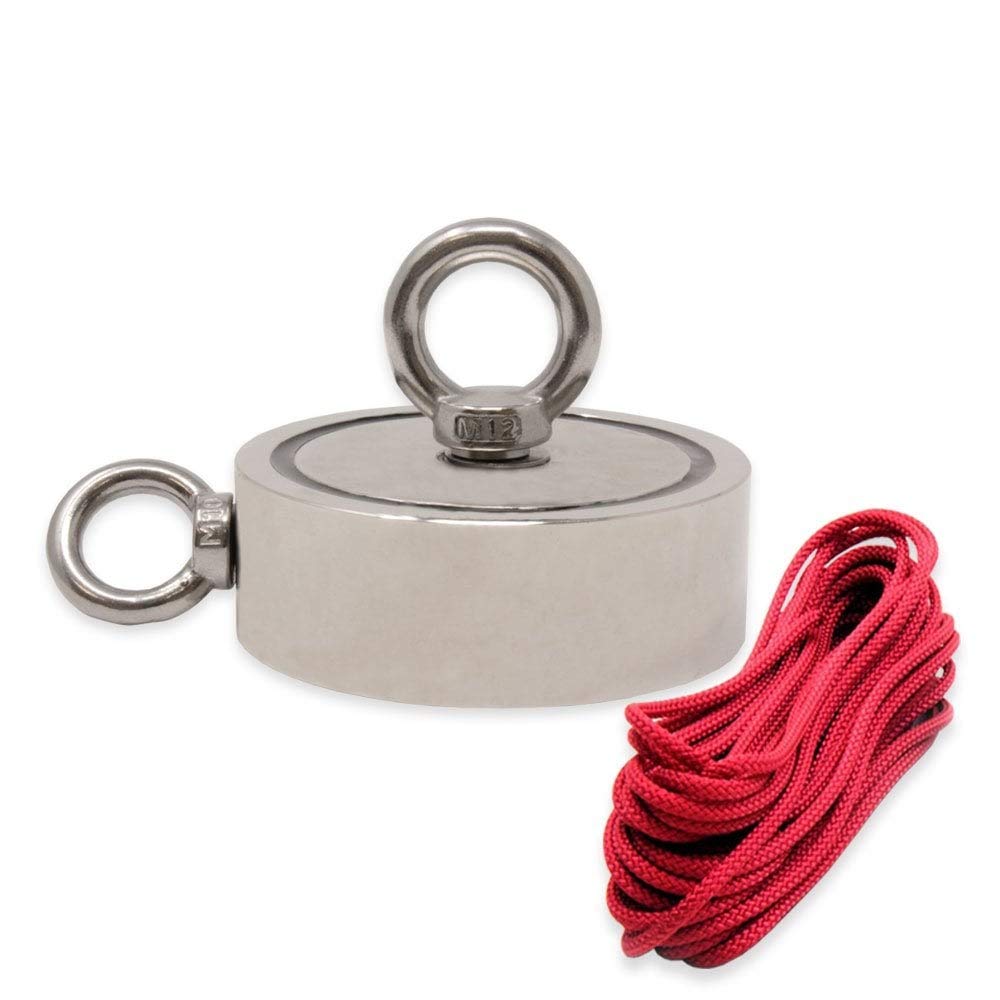 N42 Neodymium Pot Magnet with M12 & M10 Eyebolts & 10m Rope - 116mm x 32mm - 882lbs Pull Force for Magnet Fishing, Underwater Recovery, Metal Detecting & Treasure Hunting - Perfect for Lakes, Rivers & Outdoor Adventures