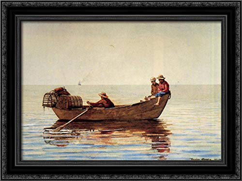 Winslow Homer 'Three Boys in a Dory with Lobster Pots' 24x18 Inch Black Ornate Wood Framed Canvas Art - Coastal Nautical Wall Decor for Living Room, Beach House & Office
