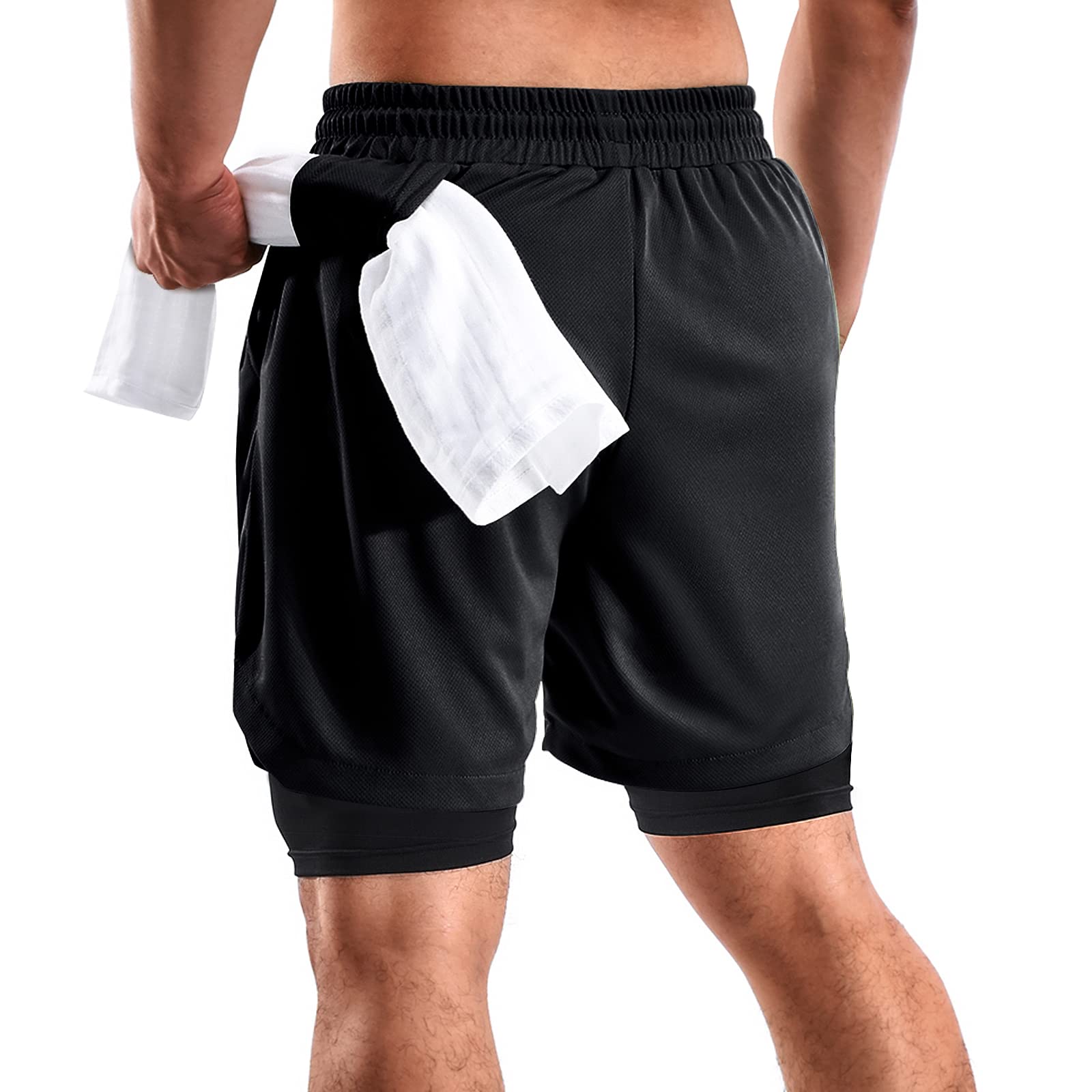 2 in 1 Men's Running & Gym Shorts - 7 Inch Quick-Dry Workout Shorts with Pockets & Towel Loop (2 Pack) - Perfect for Jogging, Training & Outdoor Activities