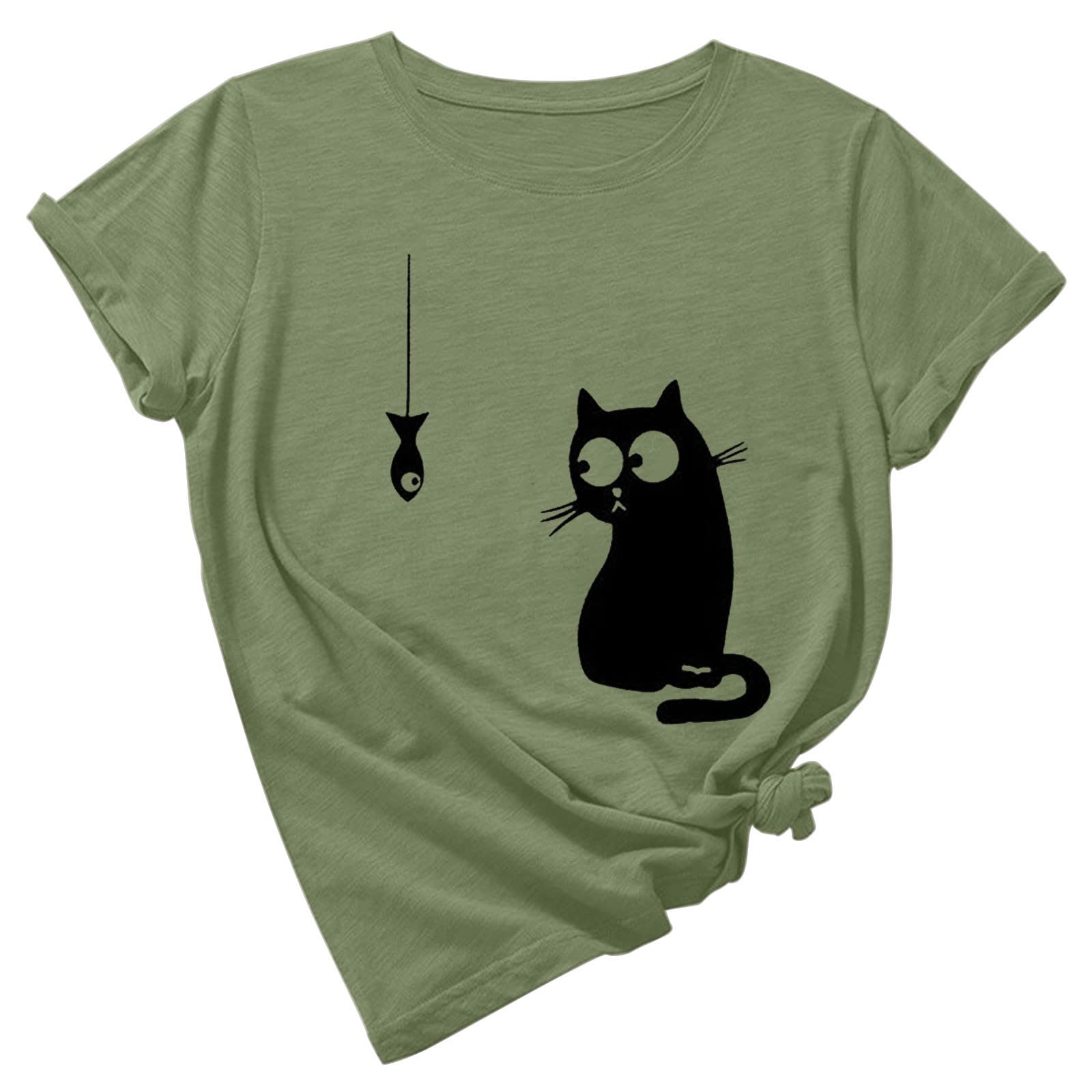 Women's Summer Cat Graphic T-Shirt - Cute Round Neck Casual Loose Fit Short Sleeve Blouse for Vacation & Beach Wear | Perfect for Outings, Travel and Summer Fashion