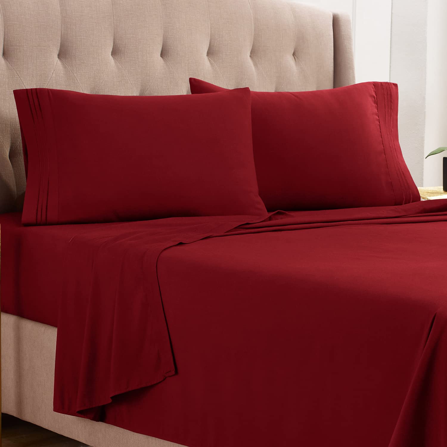 Empyrean Twin XL Sheets Set - 4 Piece 110 GSM Luxury Bedding with Pillowcases - Soft & Breathable for Twin XL Beds - Burgundy Red - Perfect for Hotels, Dorms & Guest Rooms