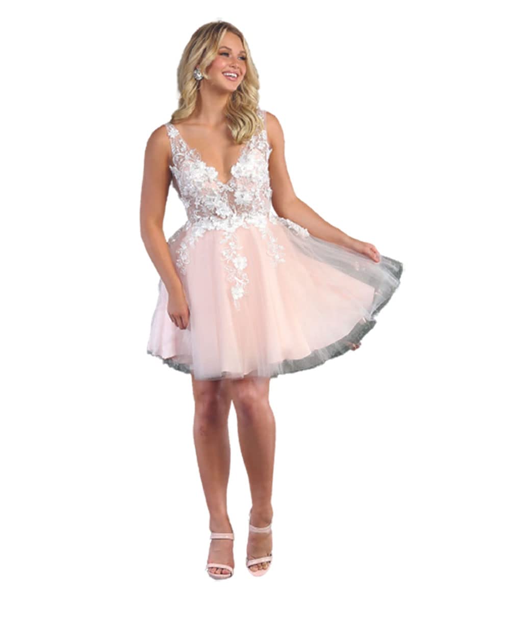 Floral Mesh V-Neck A-Line Dress for Women - Elegant Homecoming & Semi-Formal Occasions - Perfect for Prom, Cocktail Parties & Special Events