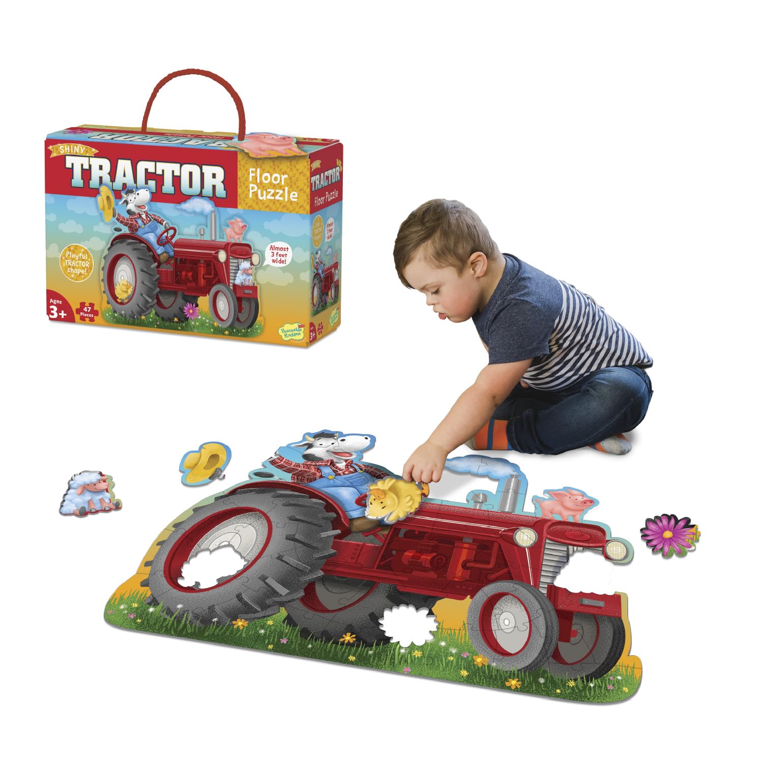 Peaceable Kingdom Shiny Tractor Floor Puzzle - 24-Piece Giant Farm Tractor Jigsaw Puzzle for Kids Ages 3+ - Extra Large Fun-Shaped Puzzle Pieces - Educational Toy for Preschool & Kindergarten Classrooms - Perfect for Farm-Themed Learning Activities & Birthday Gifts