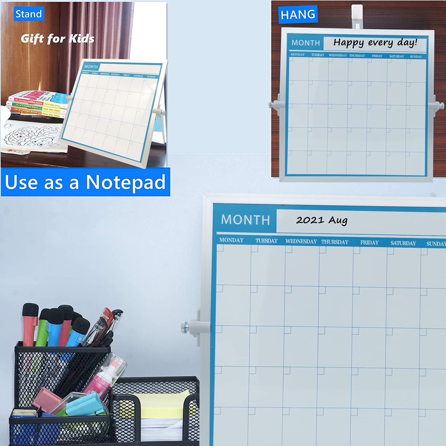 Double-Sided Magnetic Dry Erase Board Calendar - 10x10 Inch Portable Whiteboard with Stand | Easy to Clean Monthly Planner for Office, Home & School | Perfect for Scheduling, Reminders & Productivity