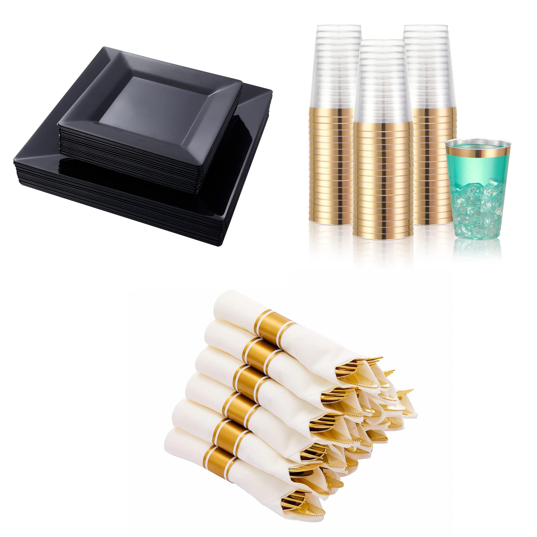 60 Pack Black Plastic Plates + 30 Gold Plastic Cutlery Set + 72 Gold Plastic Cups - Disposable Party Tableware for Weddings, Birthdays & Events