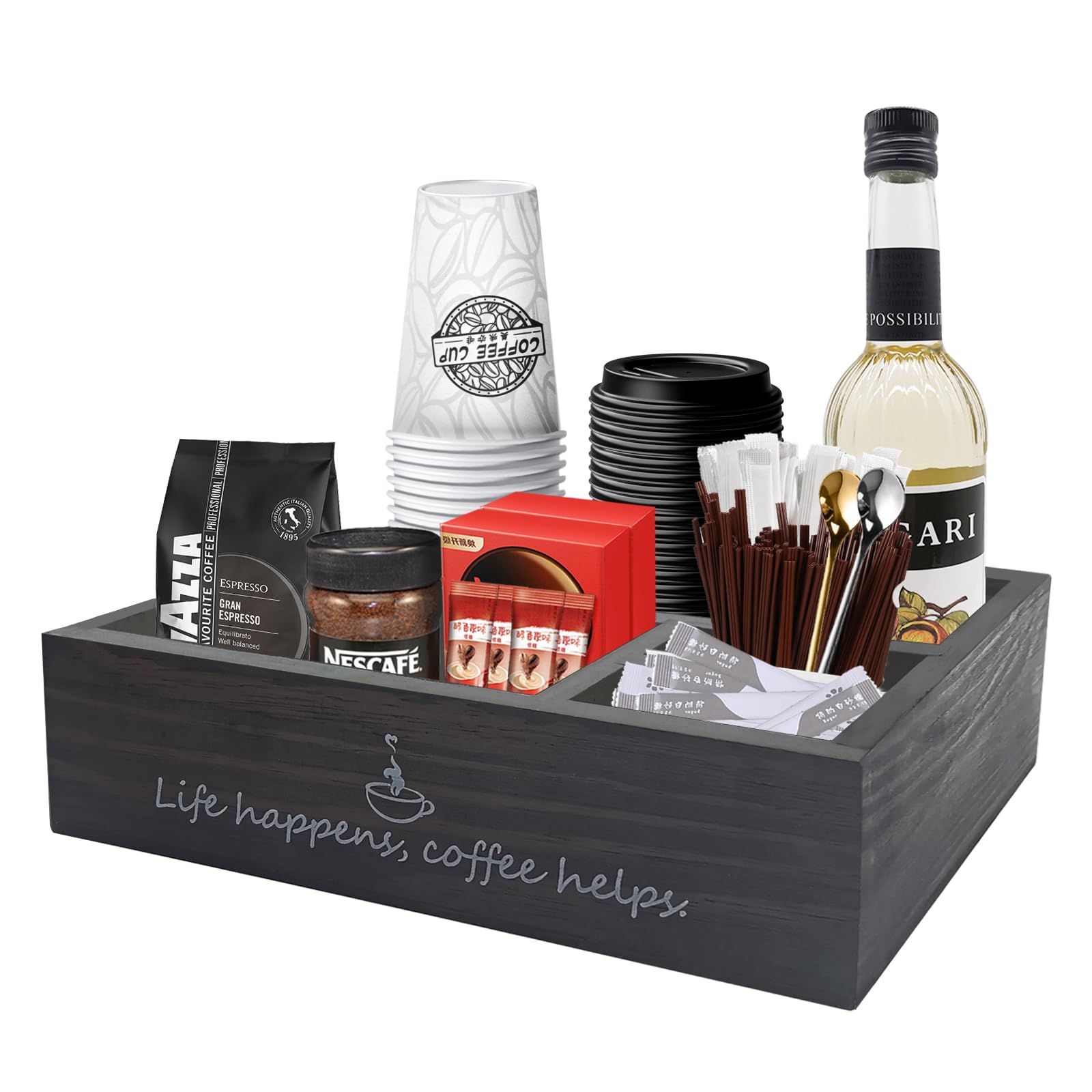 Farmhouse Coffee Station Organizer - Rustic Countertop Decor with K-Cup Pod Holder, Creamer & Paper Cup Storage - Perfect for Kitchen, Office, or Coffee Bar (Black)