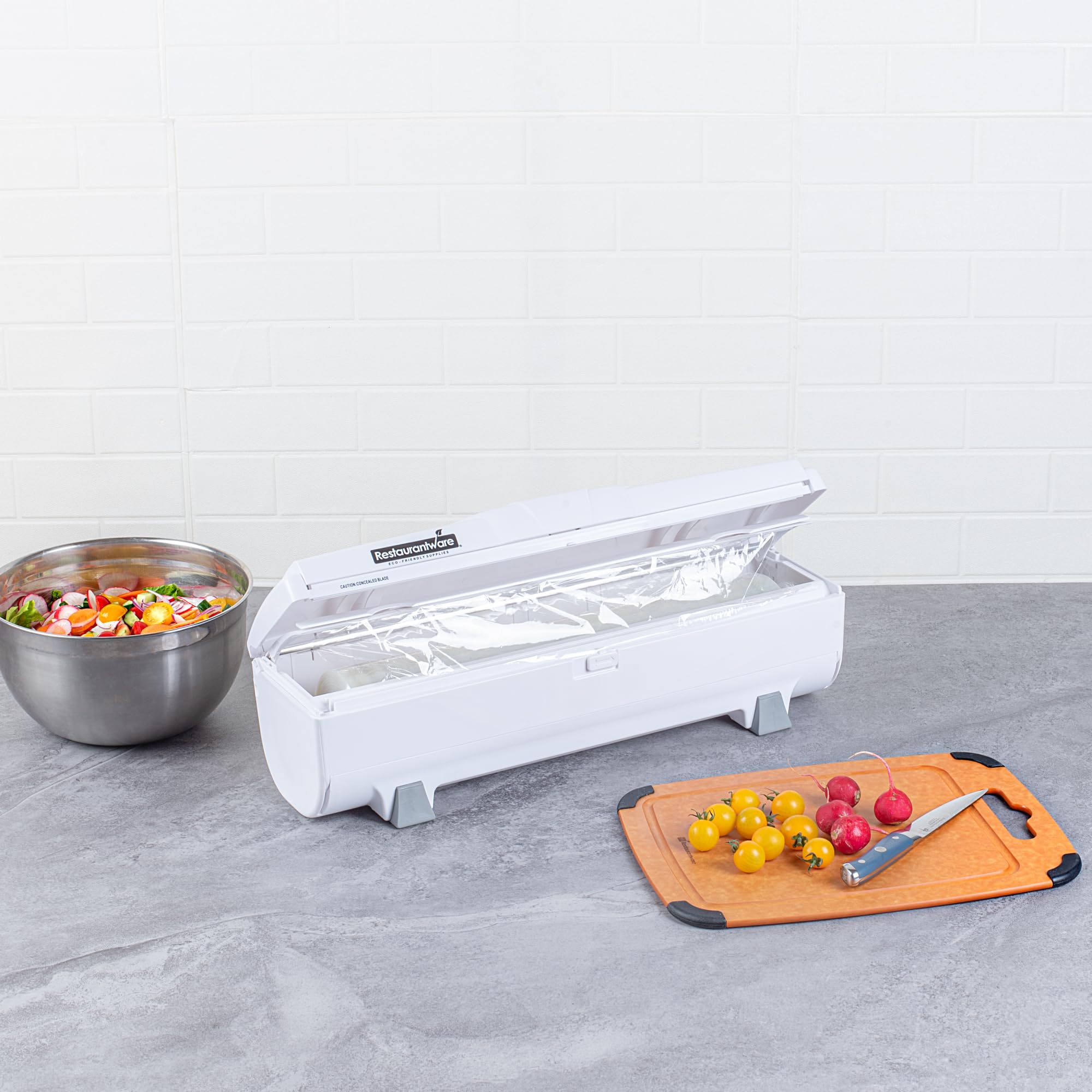 Restaurantware RW Base Food Wrap Dispenser with Cutter - Refillable Cling Wrap & Aluminum Foil Dispenser for 12” to 18” x 2000’ Rolls - Press Down & Cut System with Sharp Blade - White Plastic - Perfect for Restaurants, Catering & Home Kitchen Storage