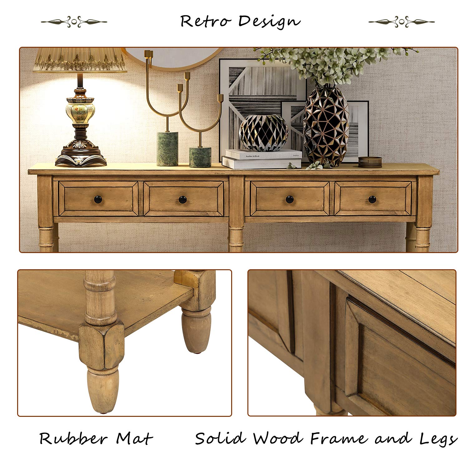 LZ LEISURE ZONE Wooden Console Table with Storage Drawers and Shelf - Sofa Table, Entryway Table for Living Room, Hallway, Bedroom - Rustic Old Pine Finish for Home Decor and Organization