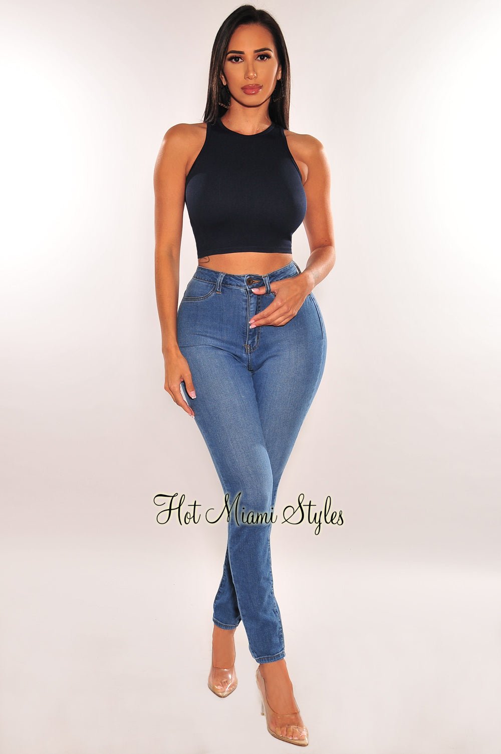 HMS ESSENTIAL: Navy Blue Ribbed Seamless Sleeveless Crop Top for Women - Perfect for Yoga, Workouts & Summer Fashion