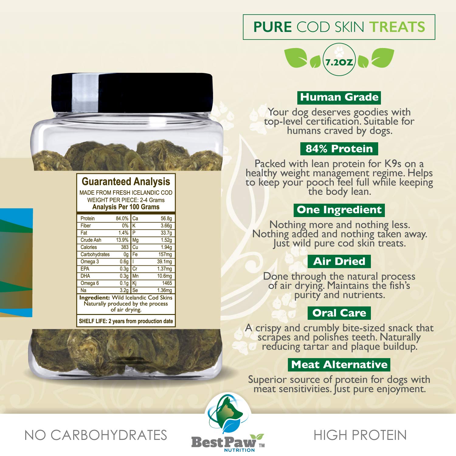 Premium Organic Wild Fish Dog Treats - Icelandic Pure Cod Skins & Lobster Kelp Protein Snacks | High in EPA & DHA for K9 Brain, Heart, Skin & Coat Health | Perfect Training Rewards & Dental Chews for Dogs