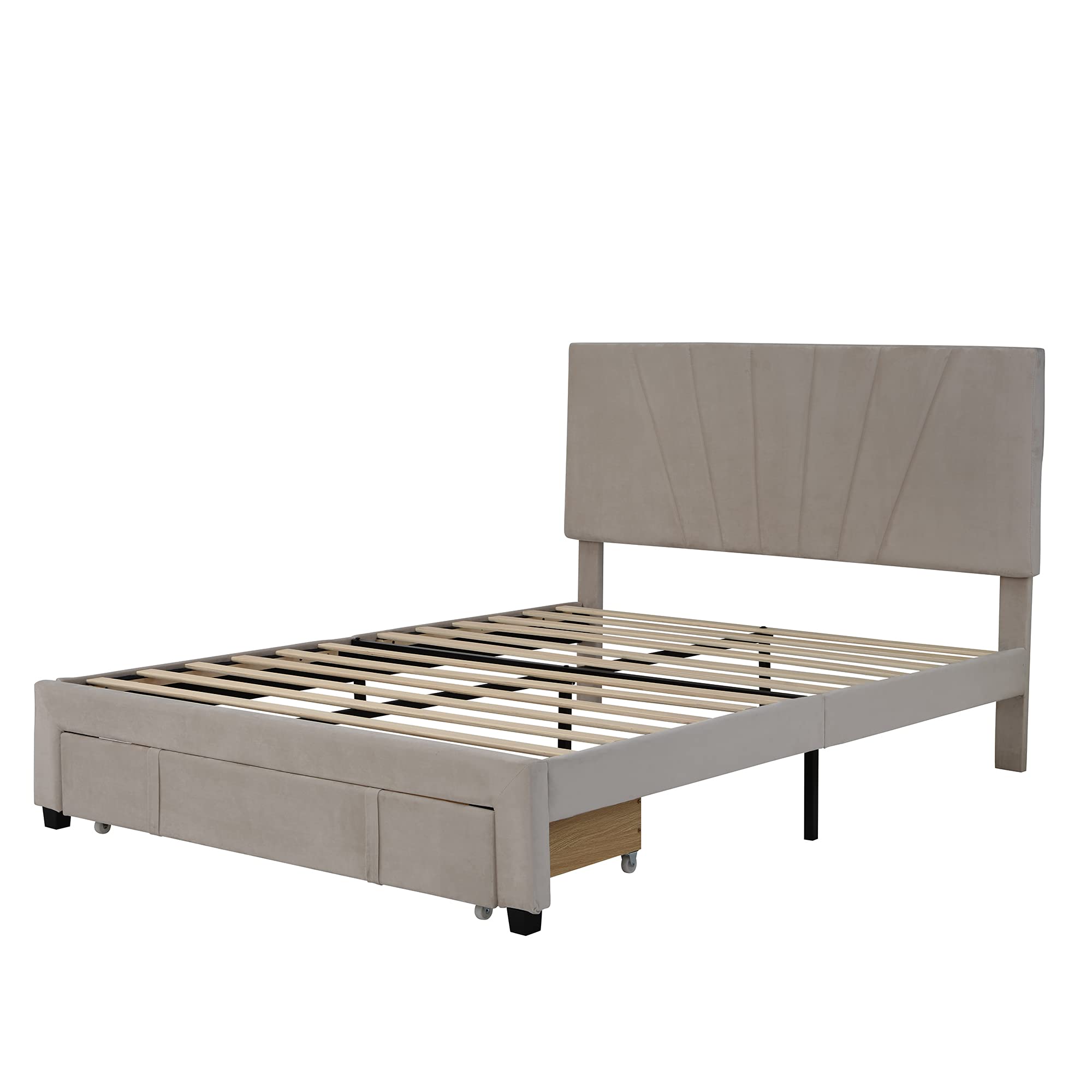 MERITLINE Queen Size Storage Bed Frame with Upholstered Headboard - Velvet Platform Bed with Large Drawer & Wood Slats Support, No Box Spring Needed (Beige) - Perfect for Small Bedrooms, Guest Rooms & Space-Saving Solutions