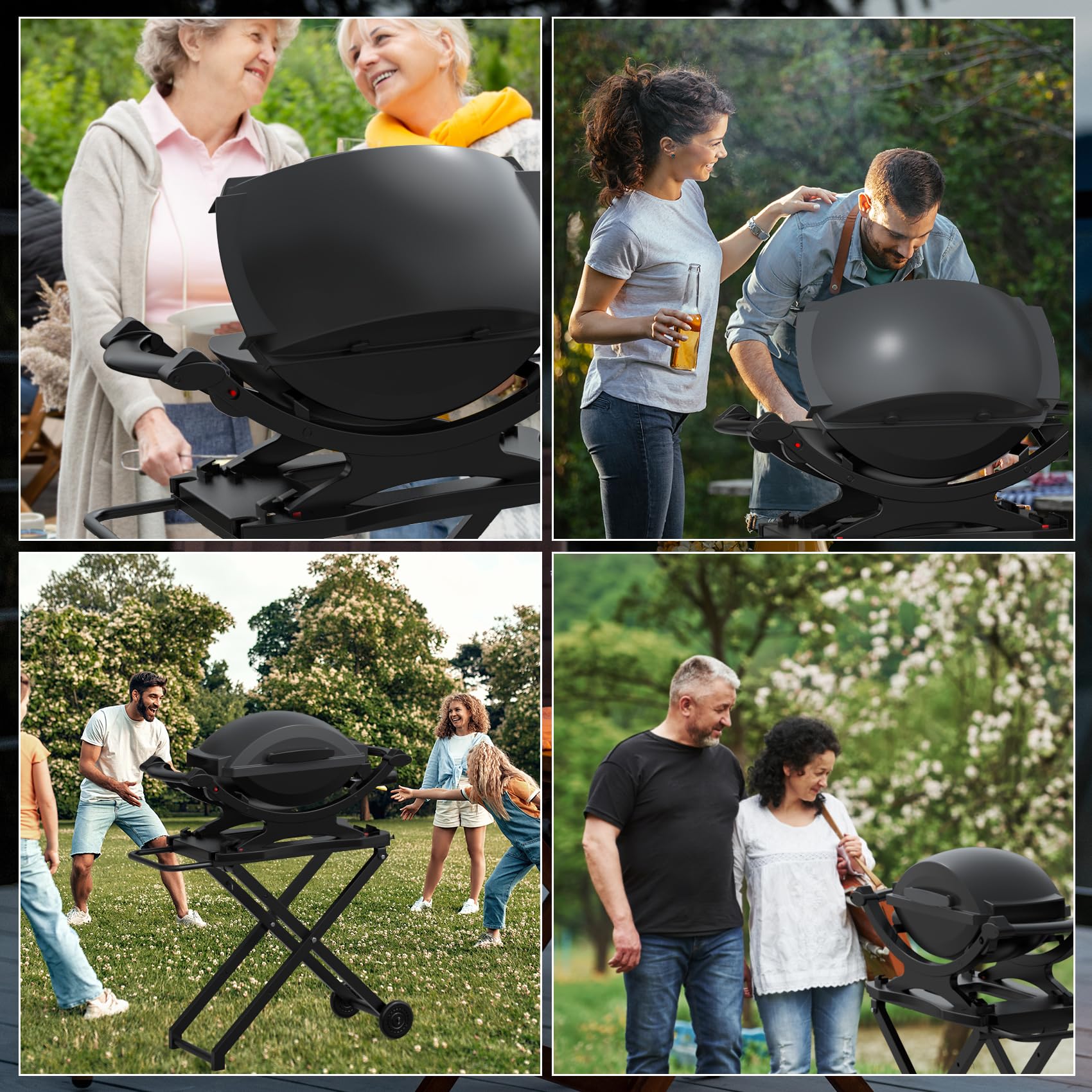 Portable Grill Stand for Weber Q Series - Heavy-Duty Collapsible BBQ Table for Q1200, Q1000, Q2000, Q1400 - 2-Wheel Outdoor Cooking Trolley for Tailgating, Camping & Backyard BBQs - Black