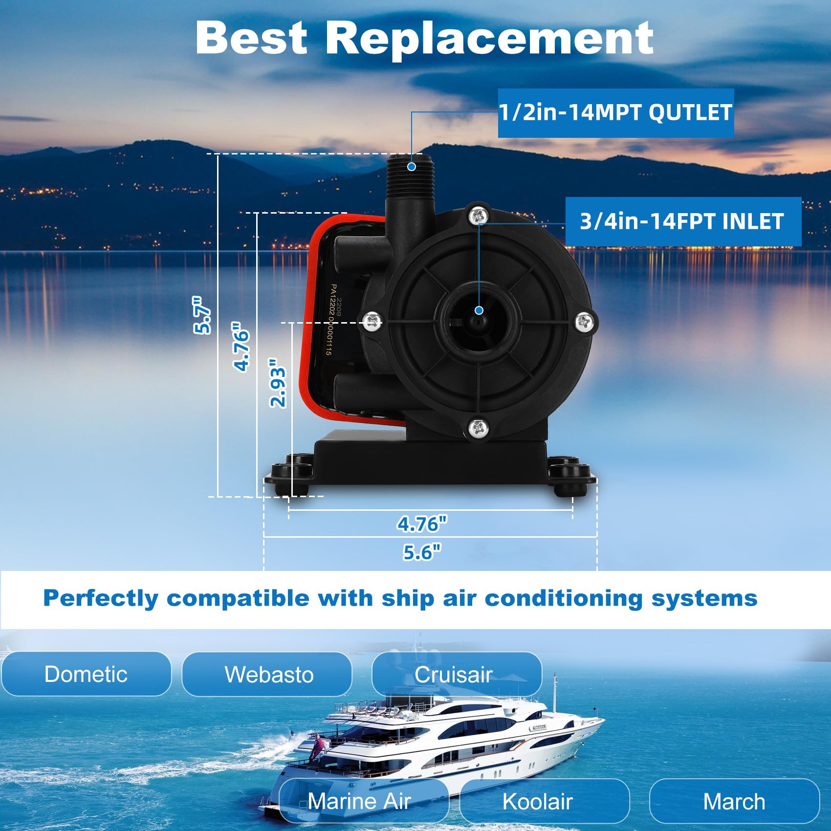 500GPH Marine AC Water Pump 115V - Submersible Boat Air Conditioner Pump for Seawater Circulation - Perfect for Marine Air Conditioning Systems & Boat Cooling Applications
