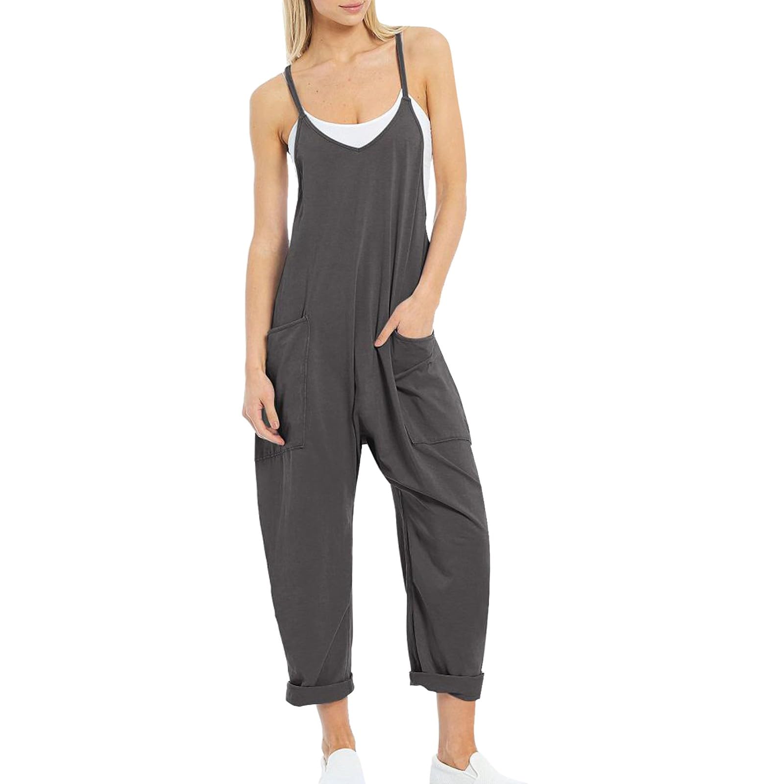 Best Sellers 2024 Women's V-Neck Sleeveless Loose Spaghetti Strap Romper - Baggy Jumpsuit with Pockets | Casual Summer Overalls for Women (Large, Gray) | Perfect for Beach Outings, Music Festivals & Everyday Comfort