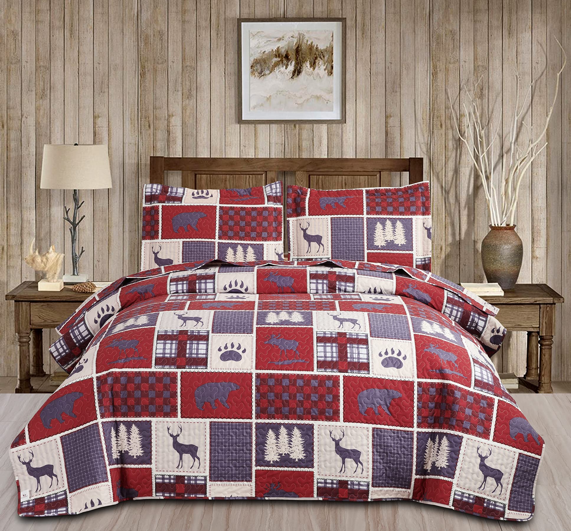 **Burgundy Moose Bear Quilt King Size - Lodge Plaid Bedspread, Lightweight Cabin Coverlet, Forest Wooden Bed Cover - Perfect for Country Bedding & Log Cabin Decor (Cozy Cabin Retreat, Rustic Bedroom, Hunting Lodge Style)**