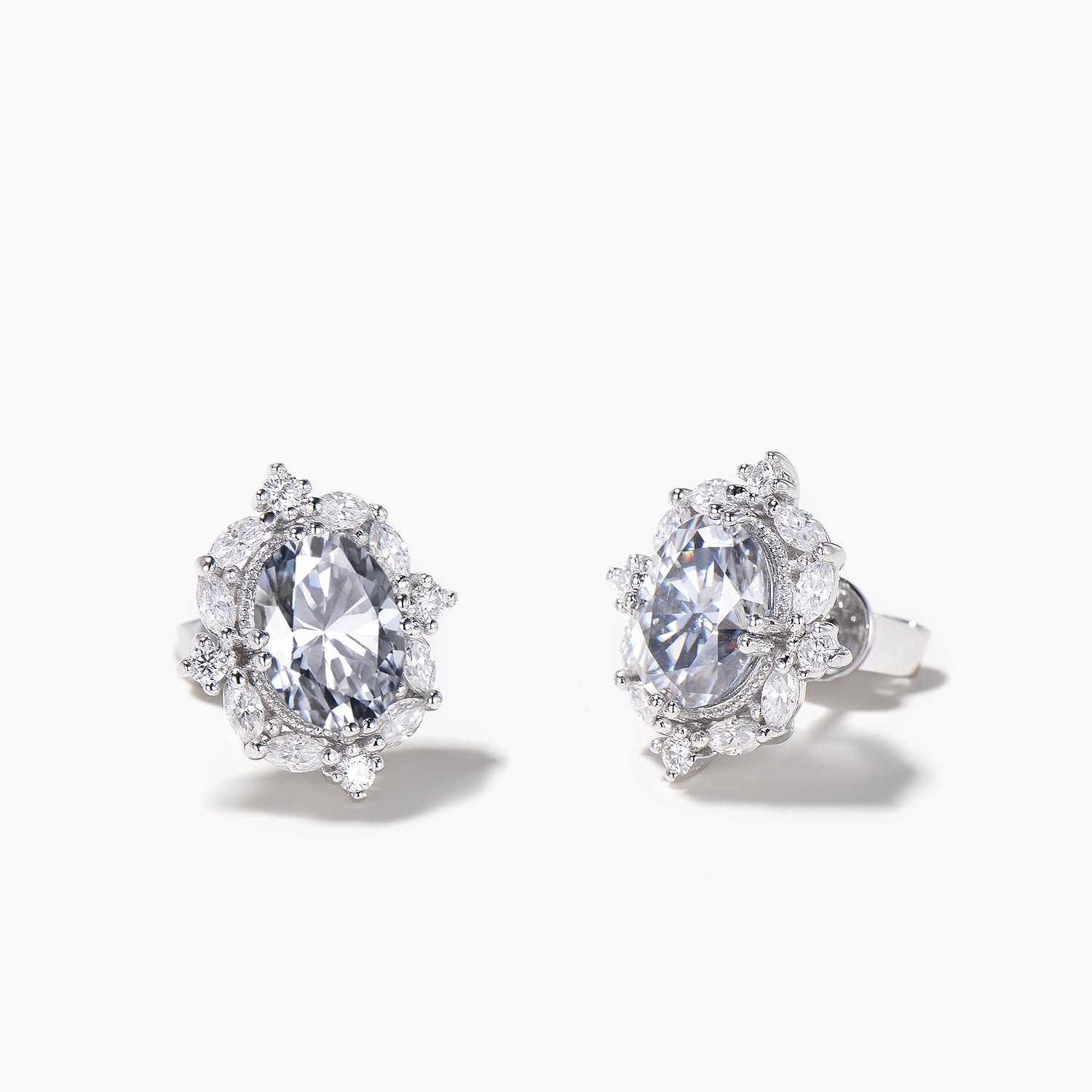 Oval Cut Moissanite Stud Earrings with Marquise Halo in 14K White Gold - Elegant Wedding, Anniversary & Gift Jewelry for Women