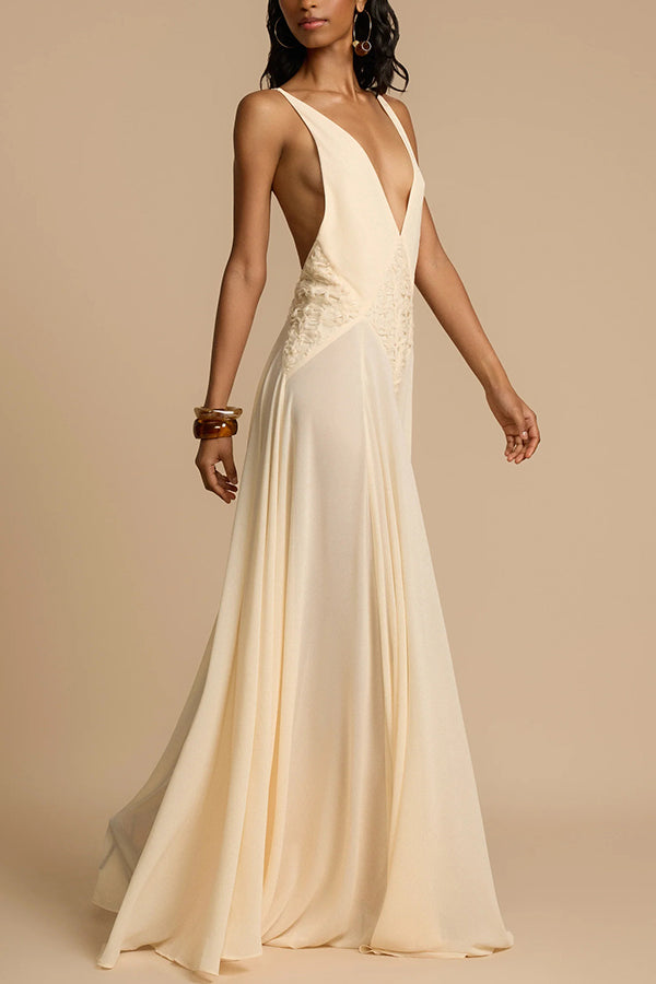 Venus By The Sea Tulle Lace Patchwork Backless Flowy Maxi Dress for Women - Elegant Beach Wedding Guest Dress & Summer Party Gown
