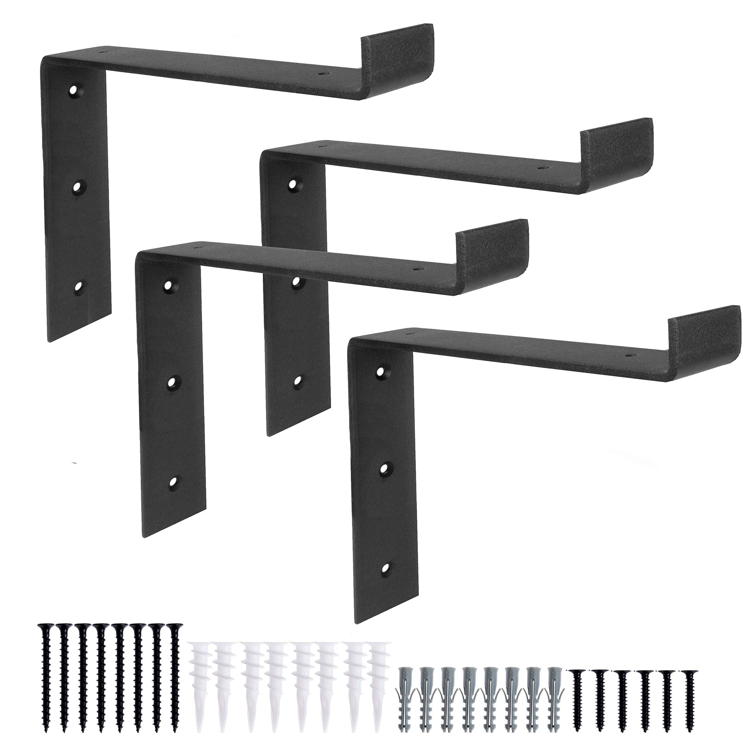 Heavy Duty Floating Shelf Brackets 4 Pack - 4x6 Inch Black Metal Wall Mount Shelf Supports for Kitchen, Bathroom & Living Room Storage