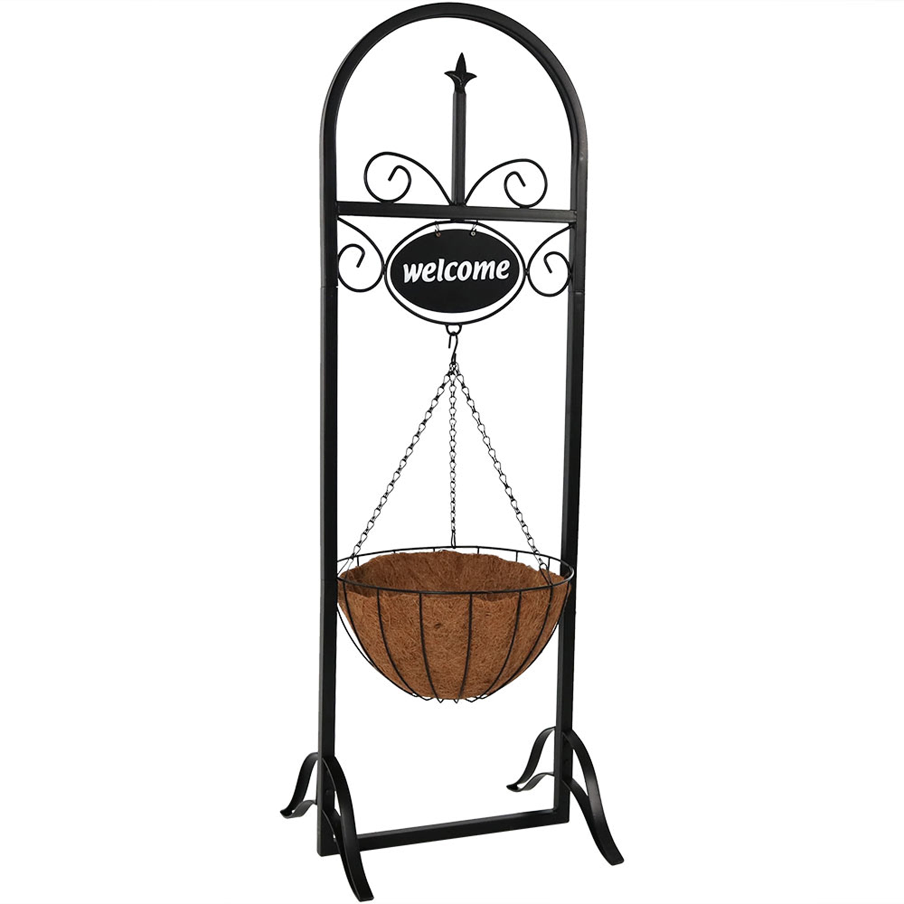 48 Inch Sunnydaze Outdoor Welcome Sign with Hanging Basket Planter Stand - Perfect for Front Porch, Garden Decor & Farmhouse Entryway