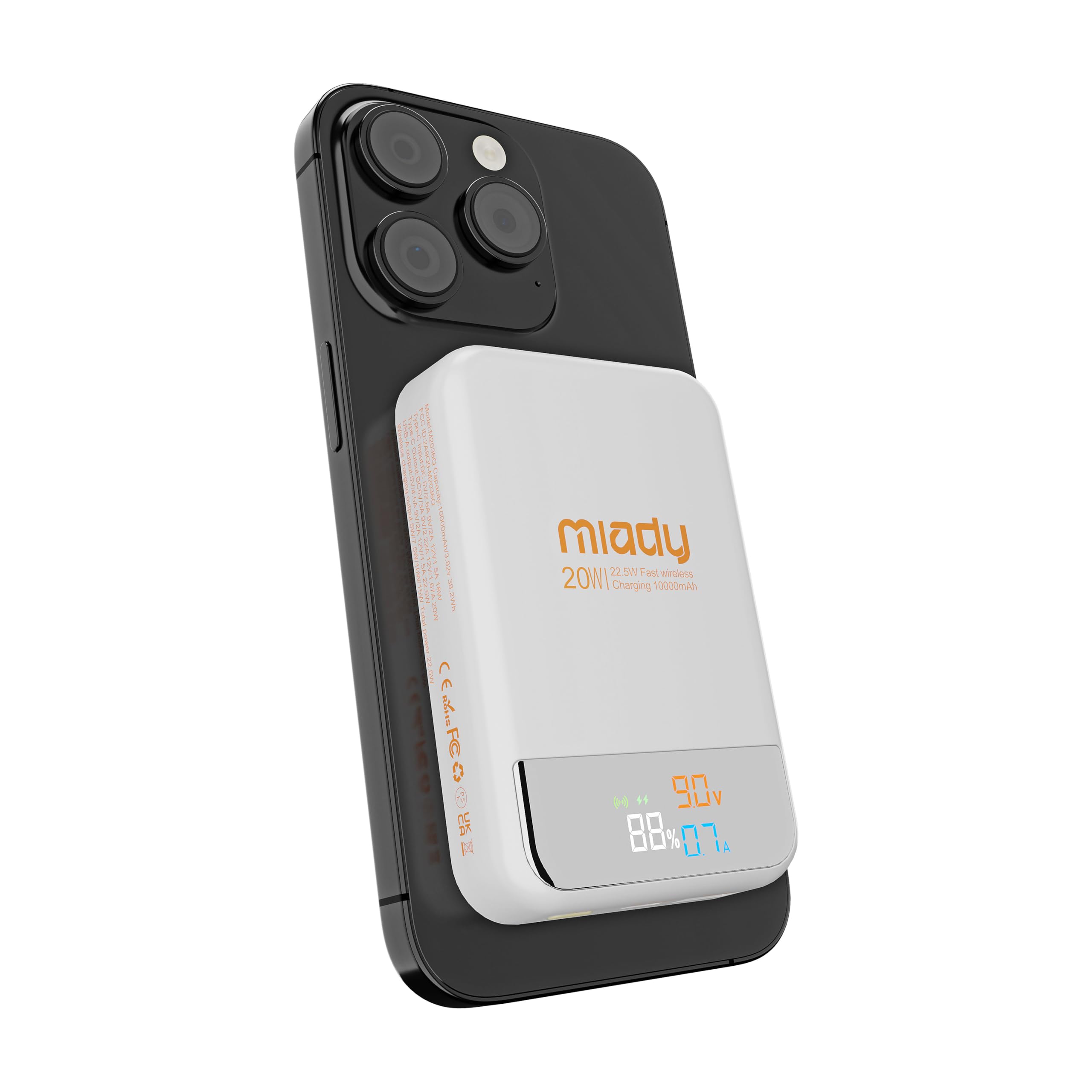 Miady 10000mAh Magnetic Wireless Power Bank - Fast Charging Portable Battery Pack with Color Display for iPhone 15/14/13/12 Series (White) | Perfect for Travel, Work & Outdoor Activities