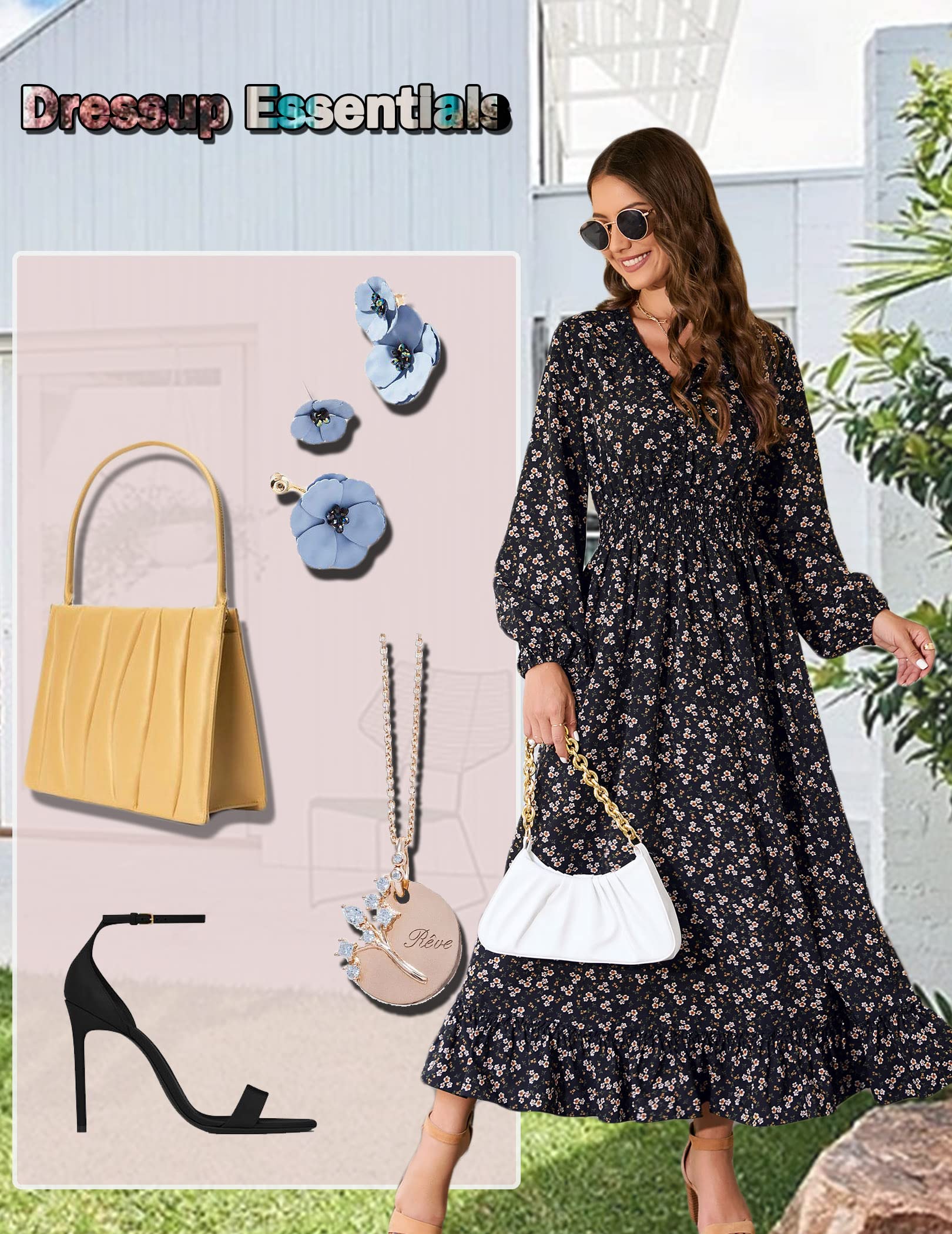 MISSKY Women's Casual V-Neck Boho Floral Print Maxi Dress - Bohemian Flowy Wedding Guest Dress for Beach, Party & Summer Vacations