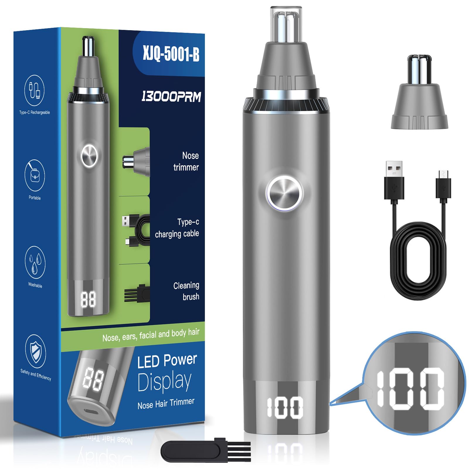 13000RPM USB Rechargeable LED Power Display Nose Hair Trimmer - Waterproof & Washable for Men's Grooming at Home or Travel