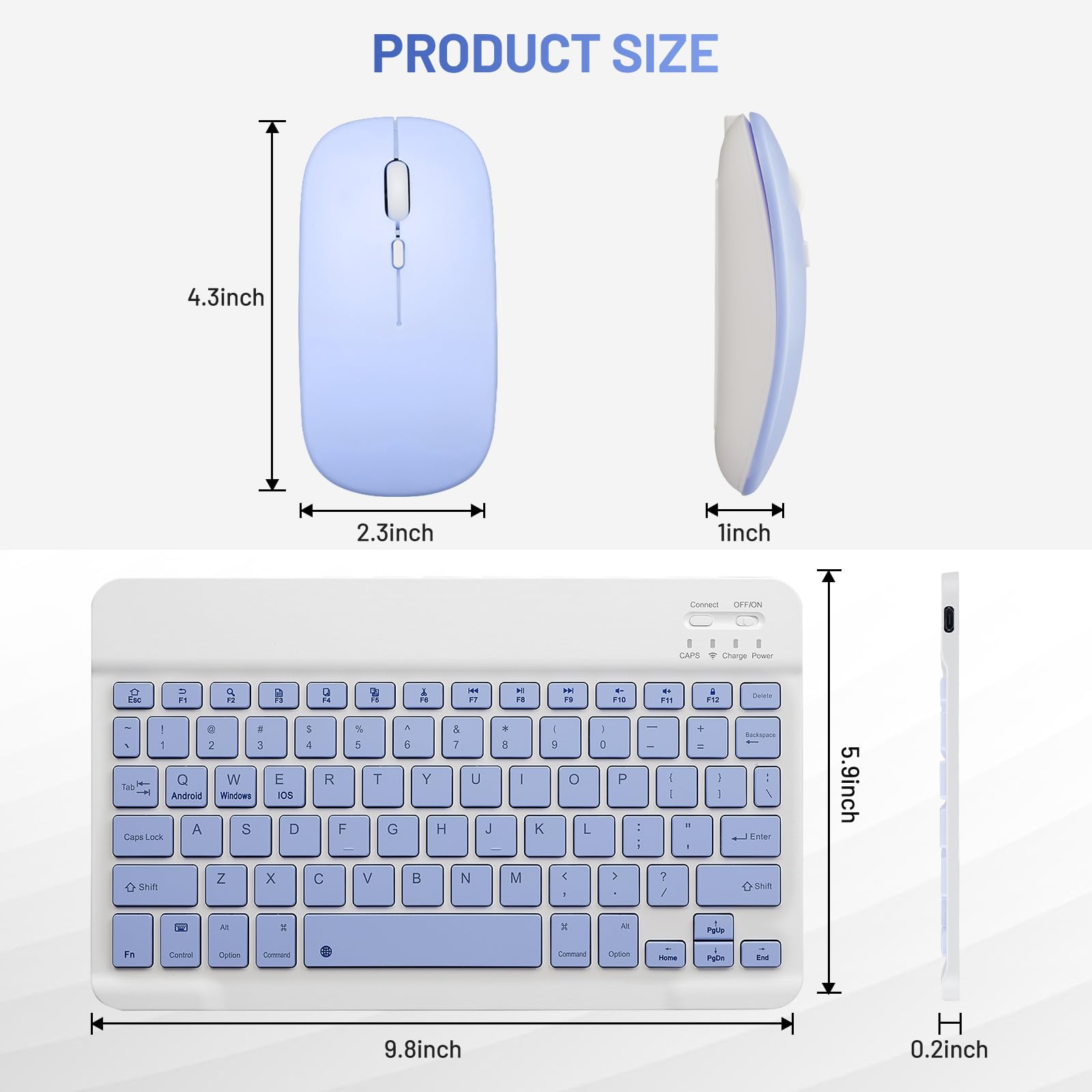 Rechargeable Bluetooth Keyboard and Mouse Combo - Wireless Portable Set for Apple iPad/iPhone (iOS 13+), Samsung Tablet, Android & Windows Devices (10-inch, Purple) - Perfect for Home Office, Remote Work & Travel
