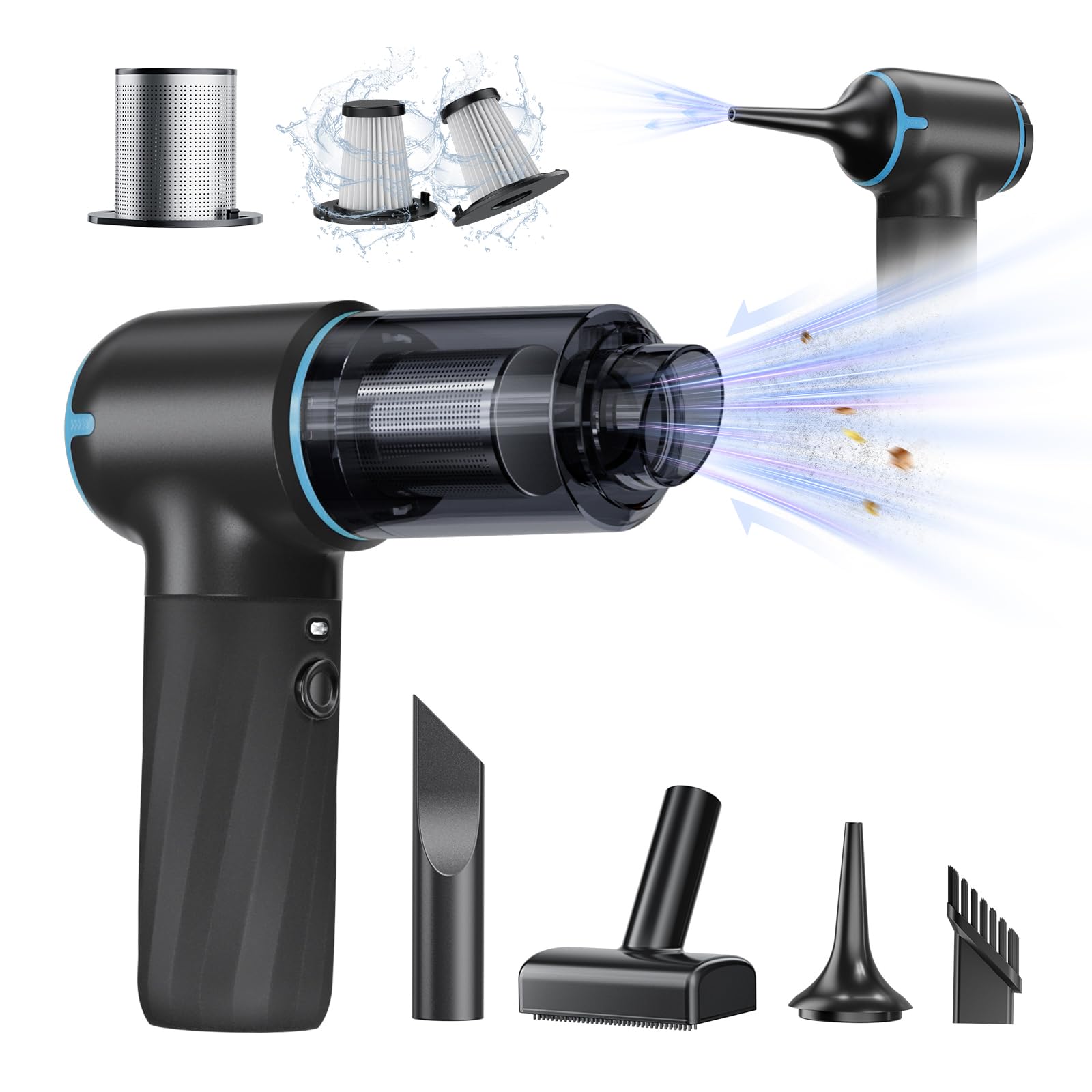 4-IN-1 Cordless Car Vacuum Cleaner - 12000Pa Powerful Handheld Vacuum with Air Blower for Car, Home & Pet Hair - Portable Mini Vacuum with LED Light, Dual Filtration & Multi Nozzles (Blue) - Perfect for Car Detailing, Home Cleaning & Pet Grooming