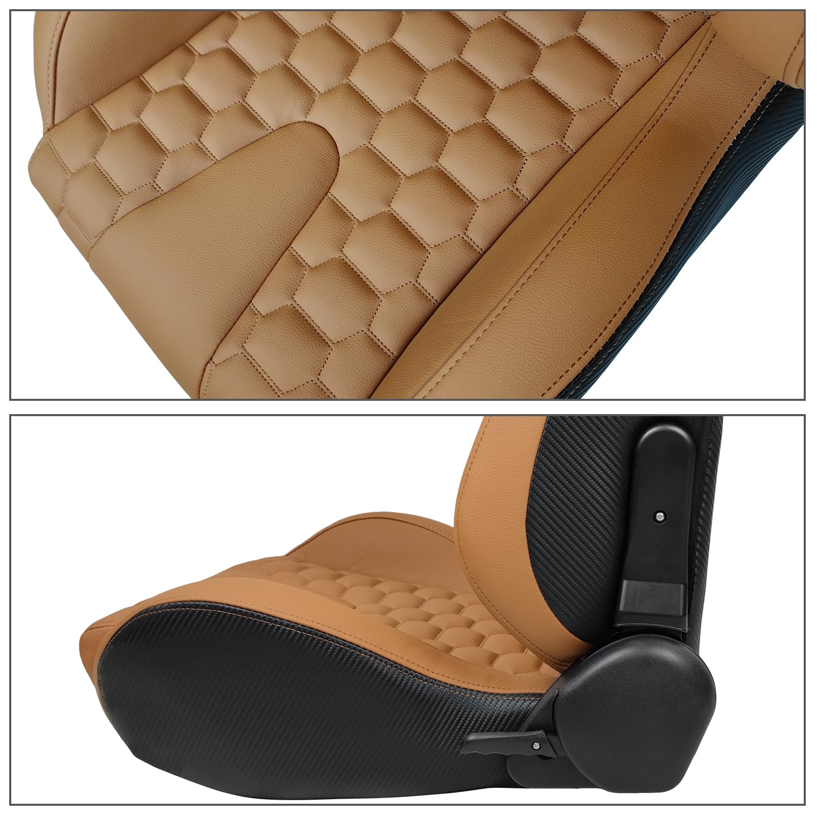 IKON MOTORSPORTS Universal Racing Seats - Reclinable Brown PU & Carbon Leather Bucket Seats with Hexagonal Quilting & Dual Sliders (1 Pair for Driver & Passenger) - Perfect for Sports Cars, Drifting & Track Racing
