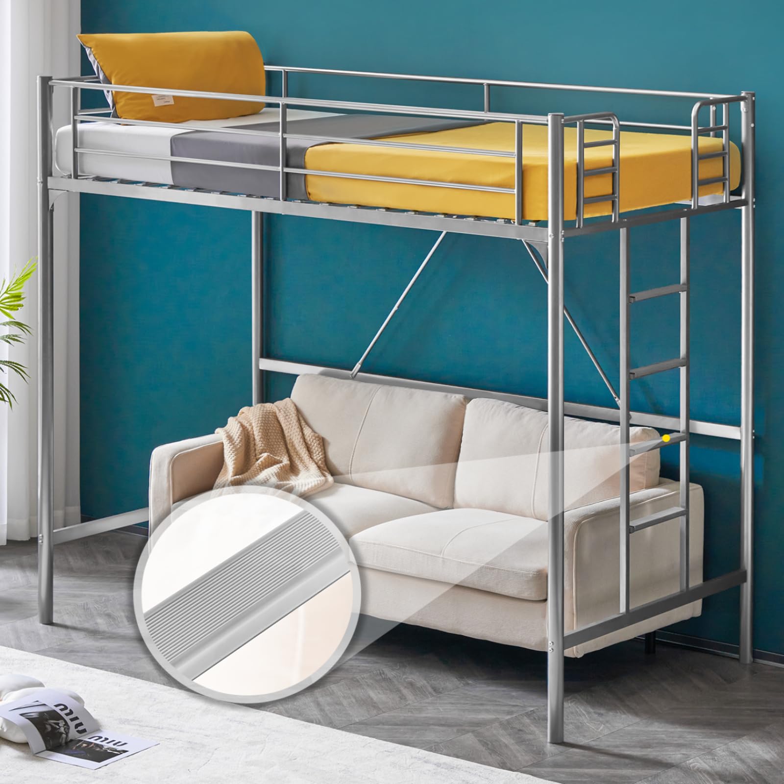 VINGLI Twin Loft Bed with Stairs - Space Saving Bunk Bed for Kids & Adults, No Box Spring Needed, Gray - Perfect for Small Bedrooms, Dorms & Studio Apartments