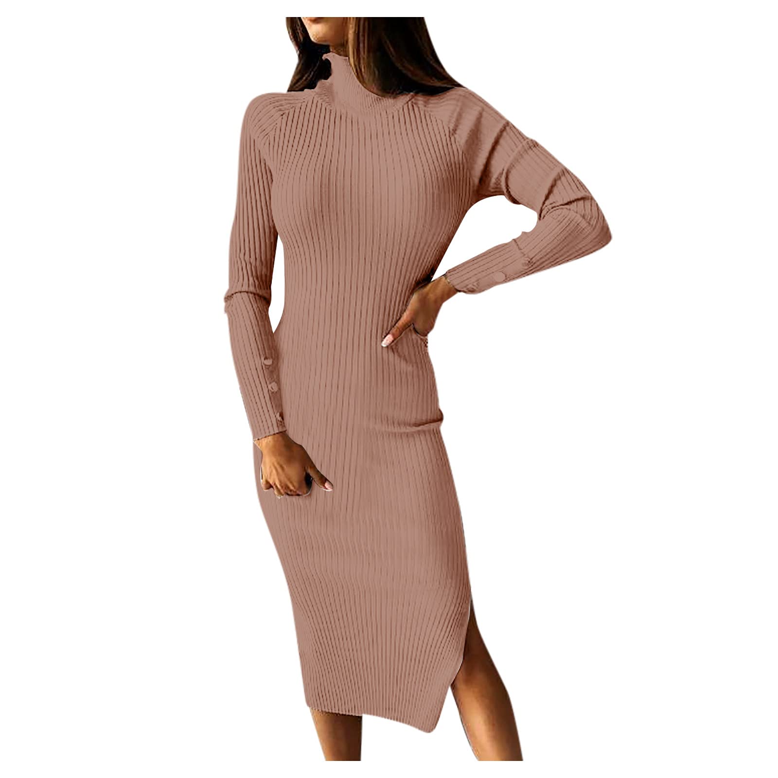 Women's Slim Fit Long Sleeve High Neck Backless Dress with Side Slit - Elegant Solid Color Sexy Party & Evening Wear for Date Night or Special Occasions