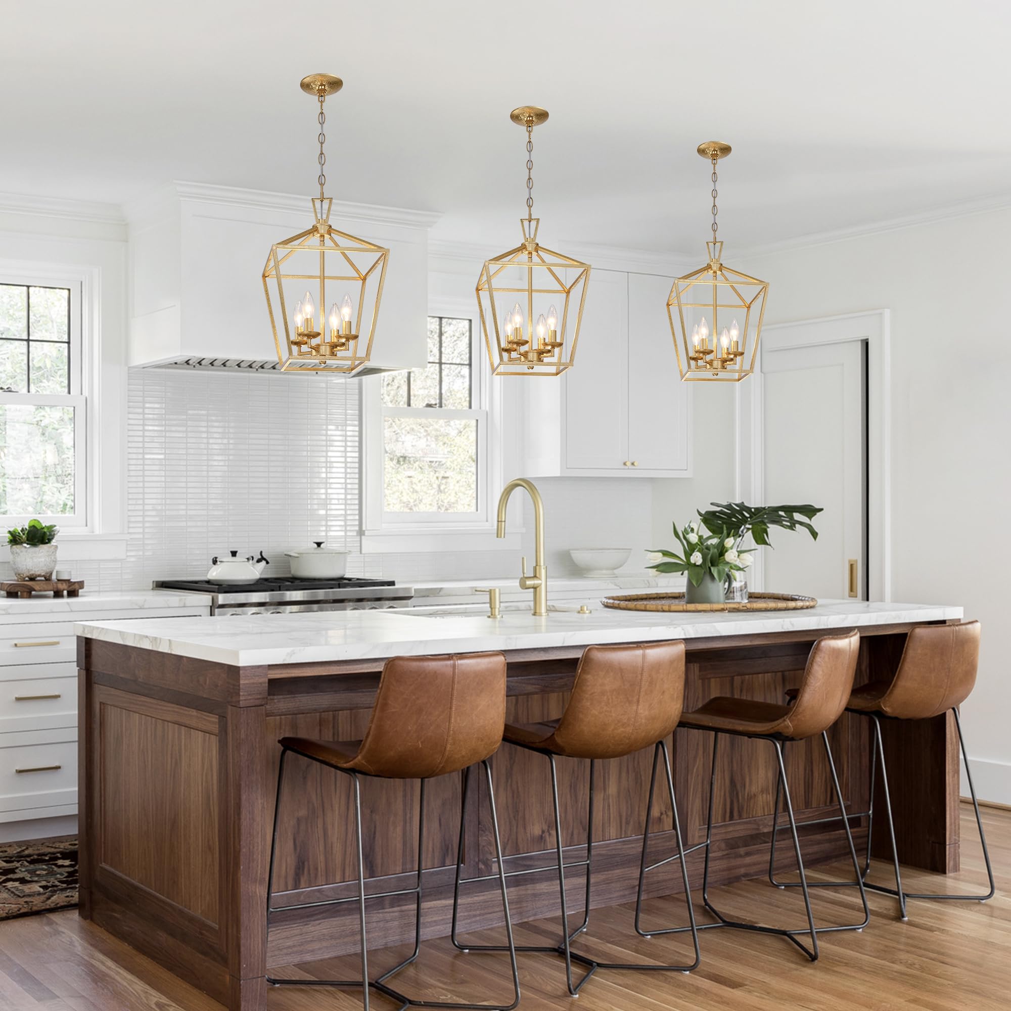 Untrammelife 4-Light Aged Gold Lantern Pendant Light - Adjustable Height Metal Geometric Chandelier with 12’’ Classic Cage Design & Hand-Pasted Gold Foil Finish - Perfect for Kitchen Island, Dining Room, Hallway, and Entryway Lighting